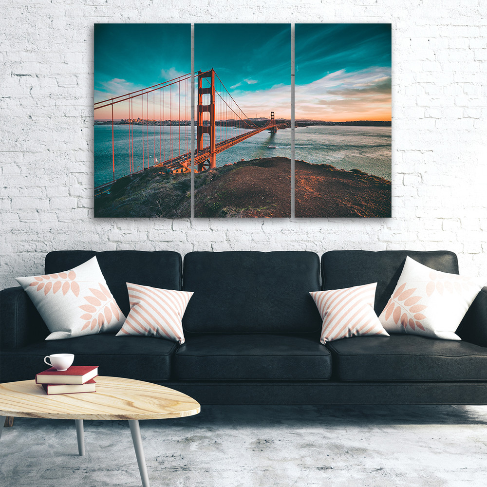 3 stykke lærredstryk, Golden Gate Bridge San Francisco turkis