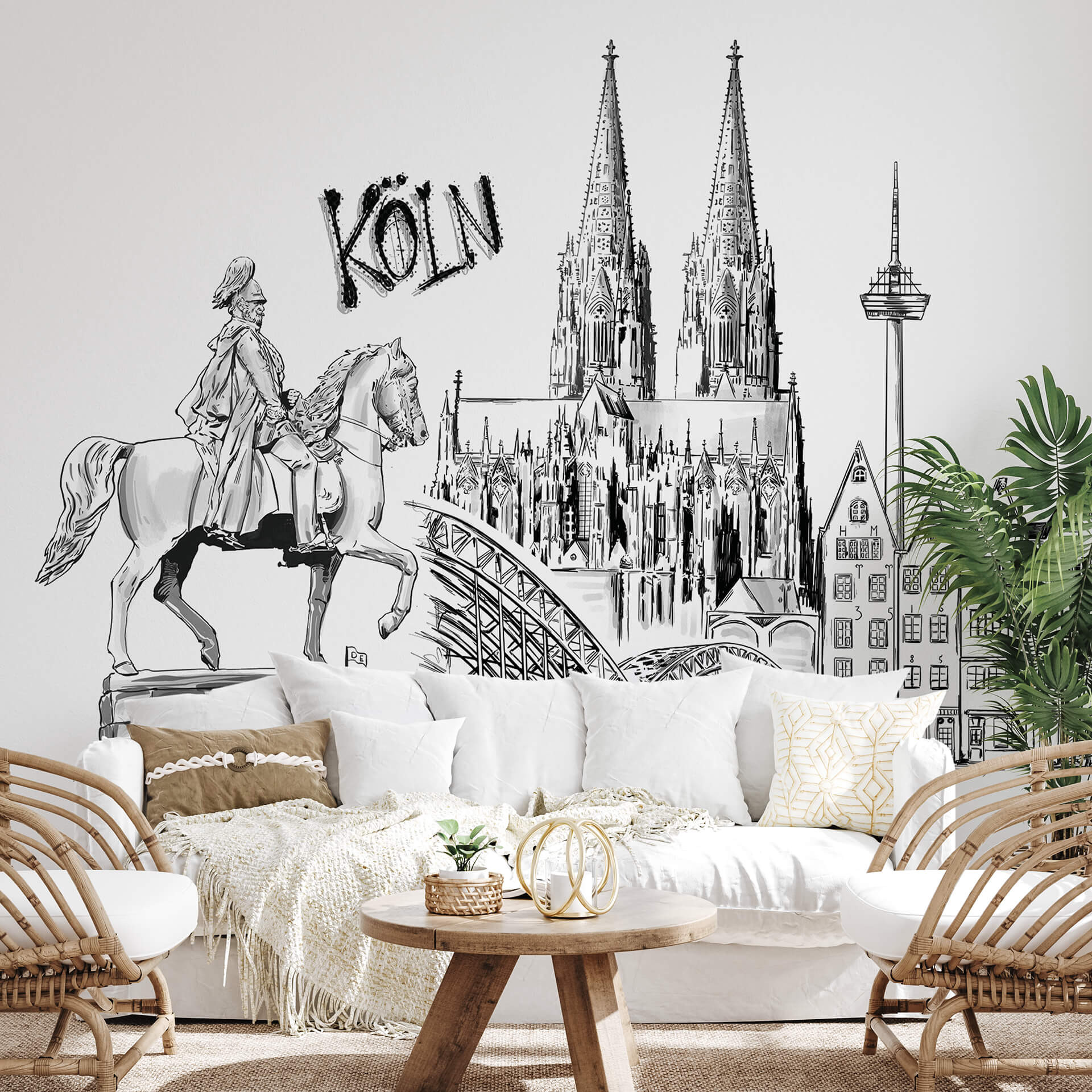 Fotobehang Love your City - Keulen zwart wit illustratie