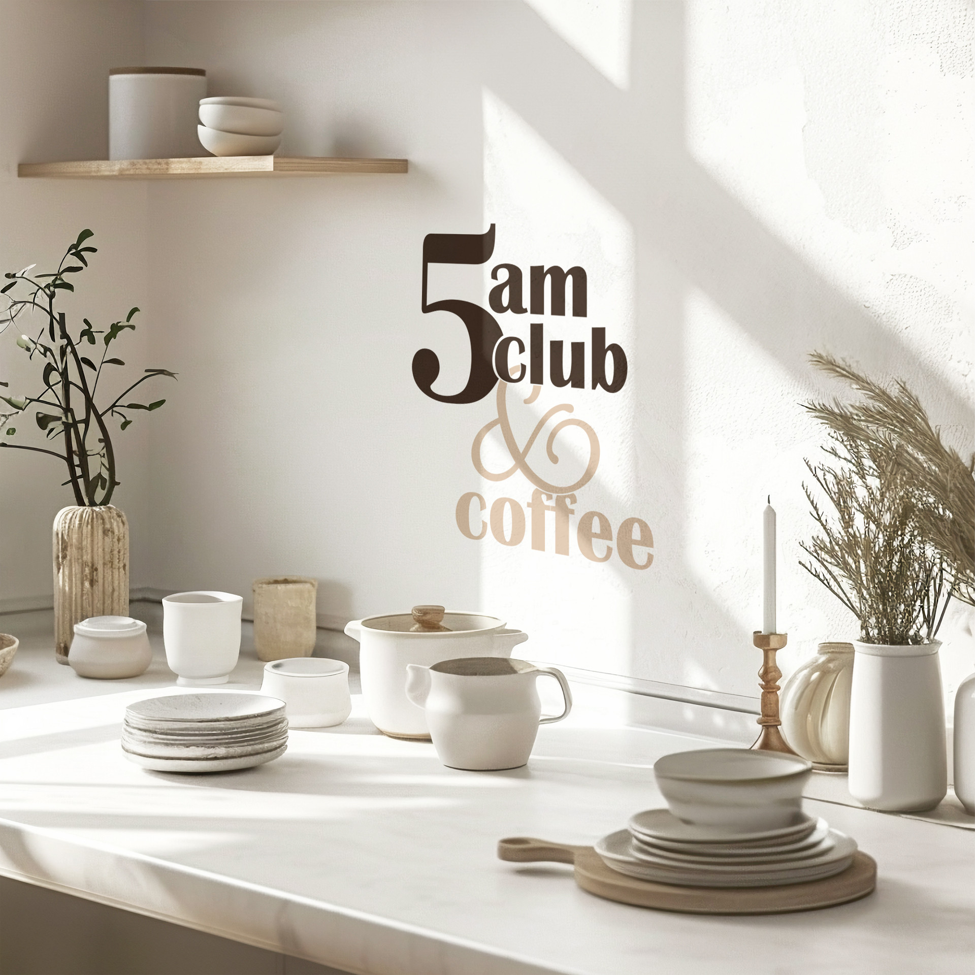 Wallsticker ordsprog - 5 am Club & Coffee brun-beige