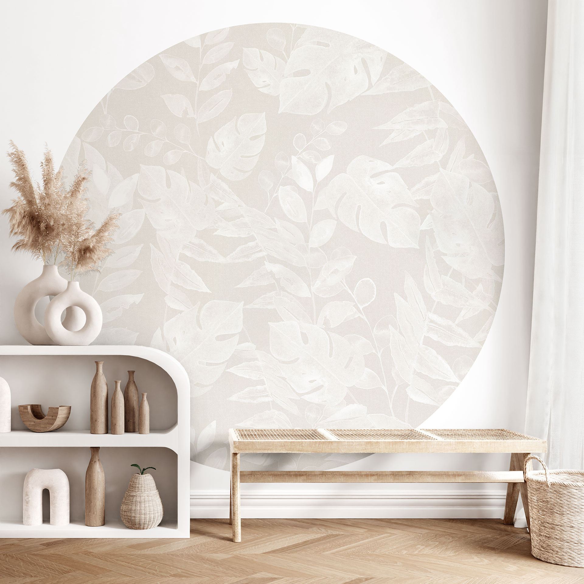 Tropical Leaves Beige - Bloemdecor - Rond - Zelfklevend/niet-geweven