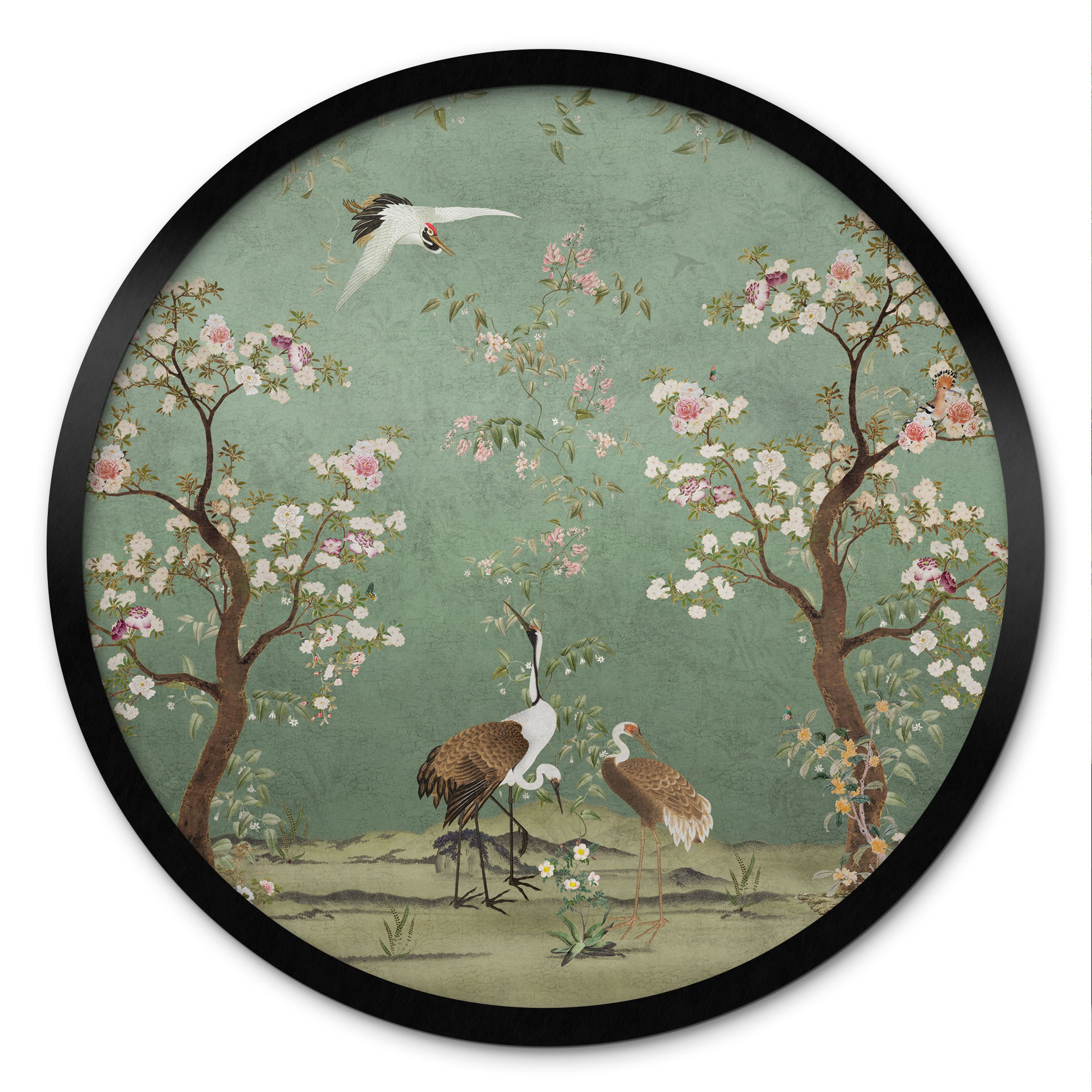 Poster grues dans un paysage floral - Bloomery Decor - Rond
