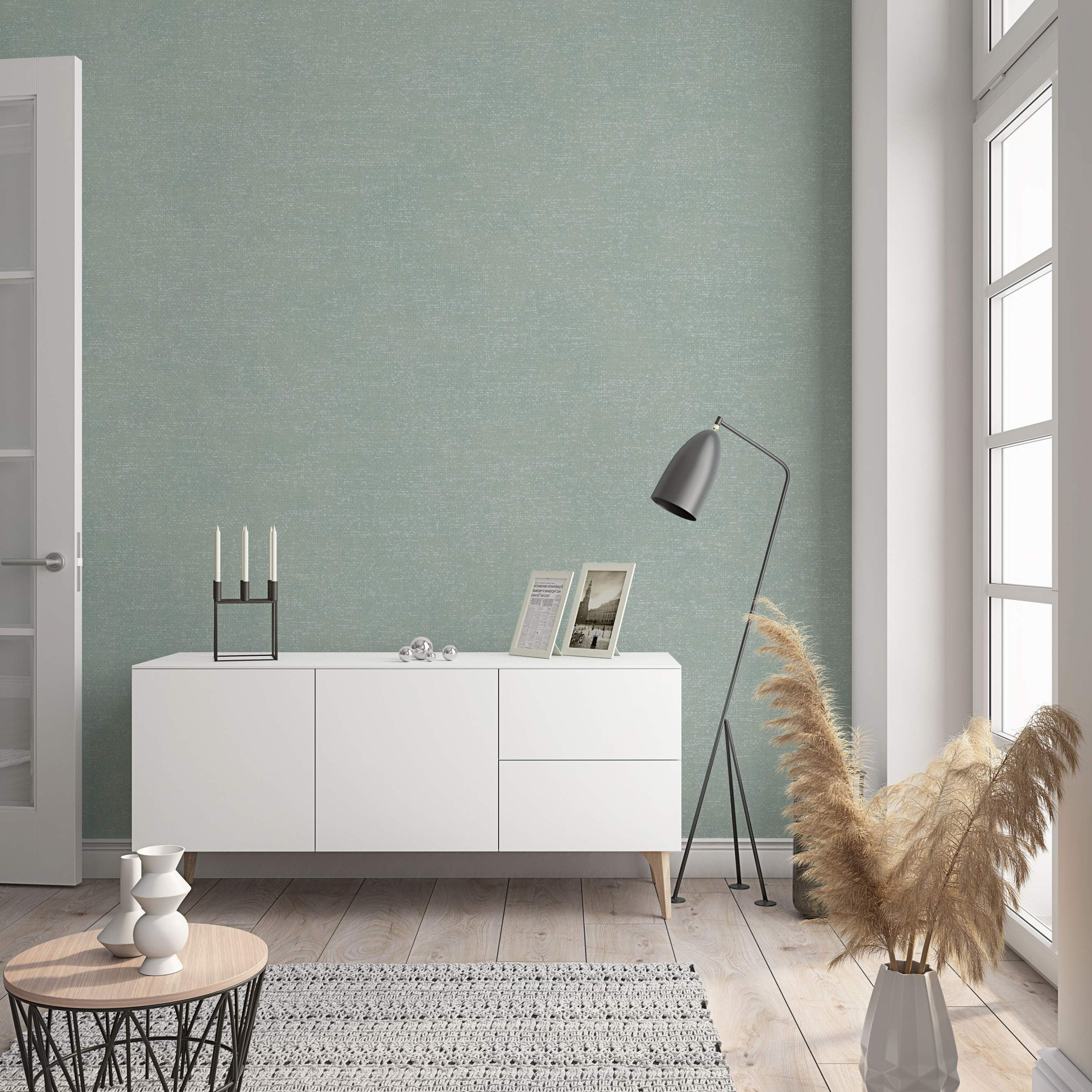 Vliesbehang met een moderne monochrome look en textuur in groen effen