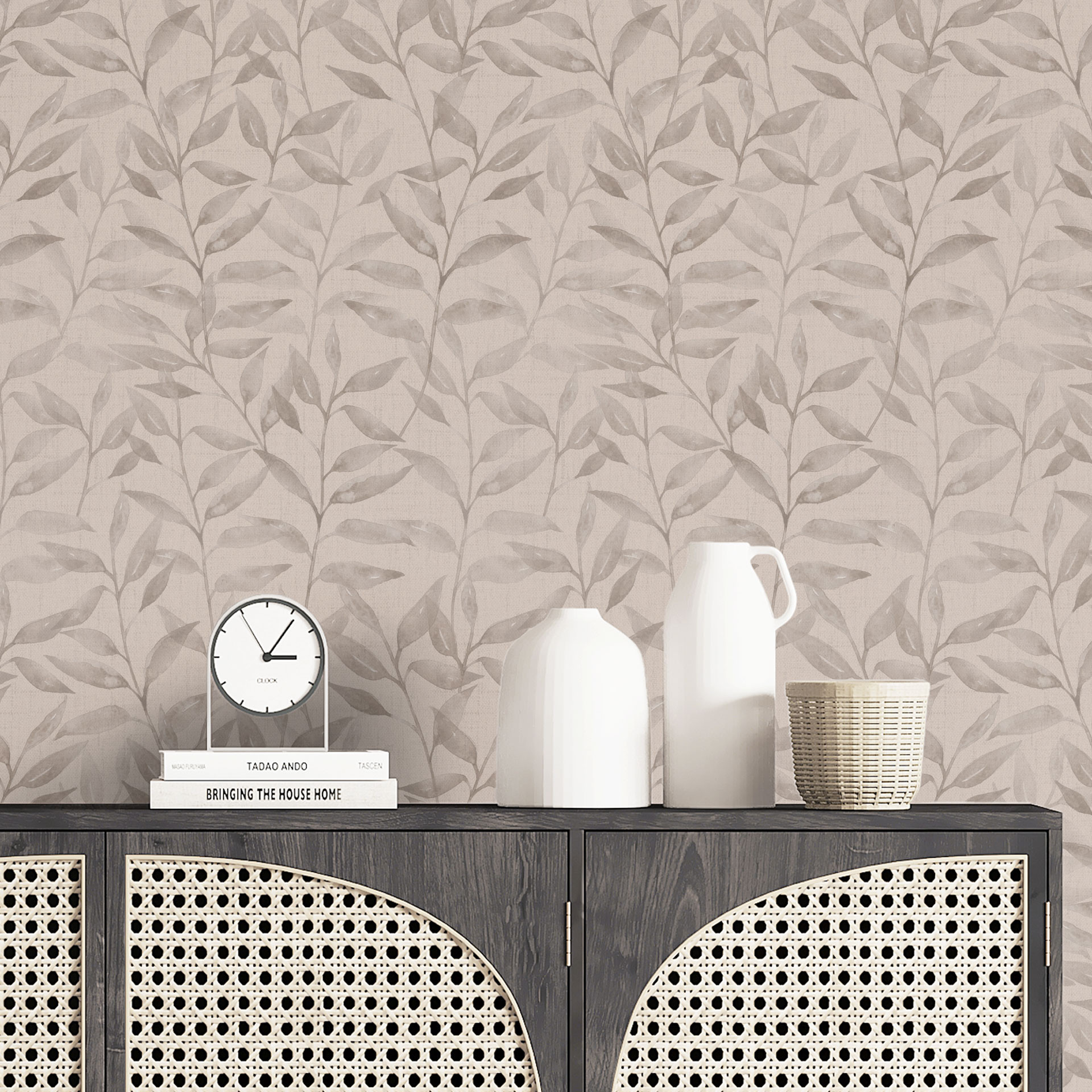 Delicaat Patroonbehang met aquarelbladeren - Zacht Grijs - Bloomery Decor