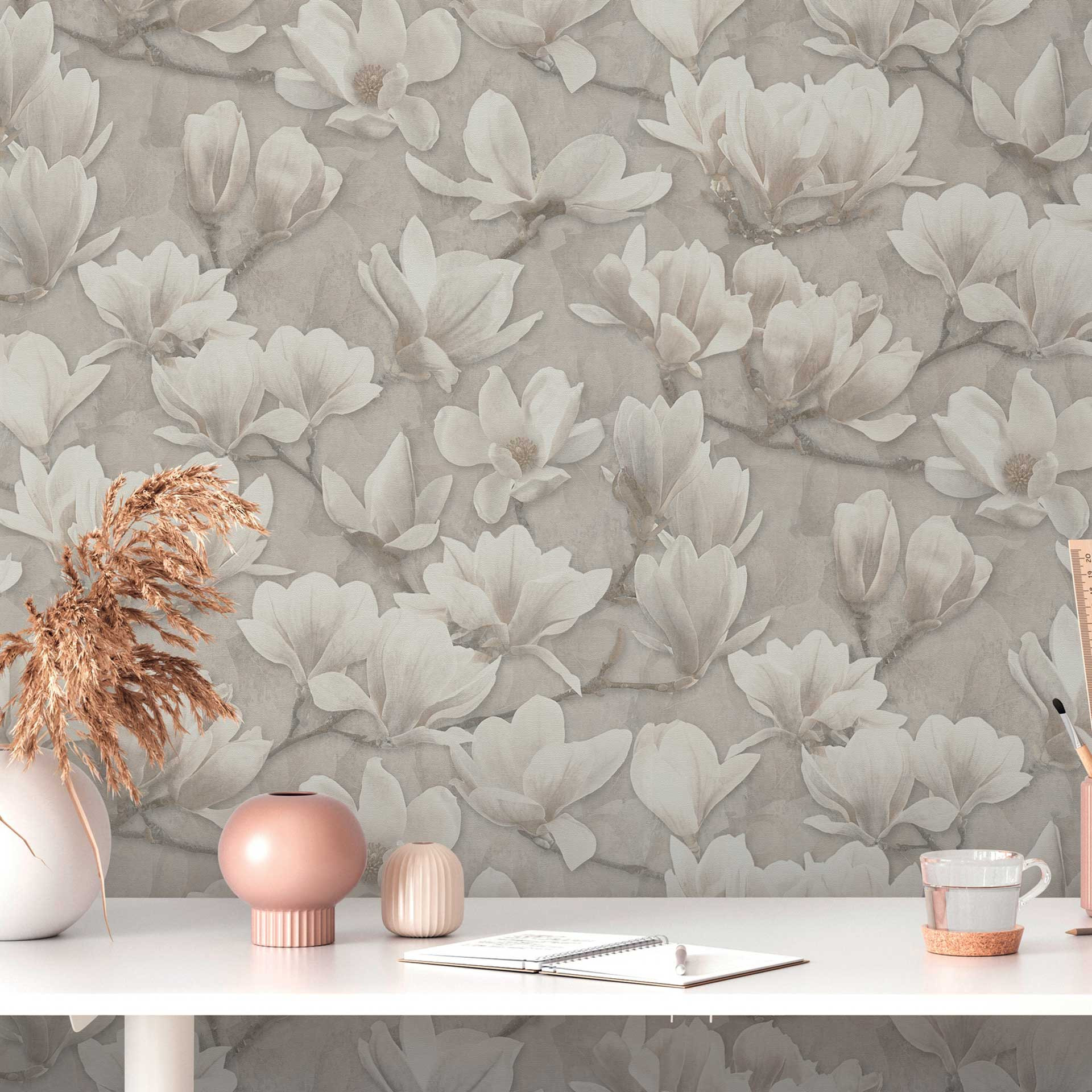 Magnolien-Tapete Beige Creme - Vliestapete mit floraler Musterung - Blumentapete