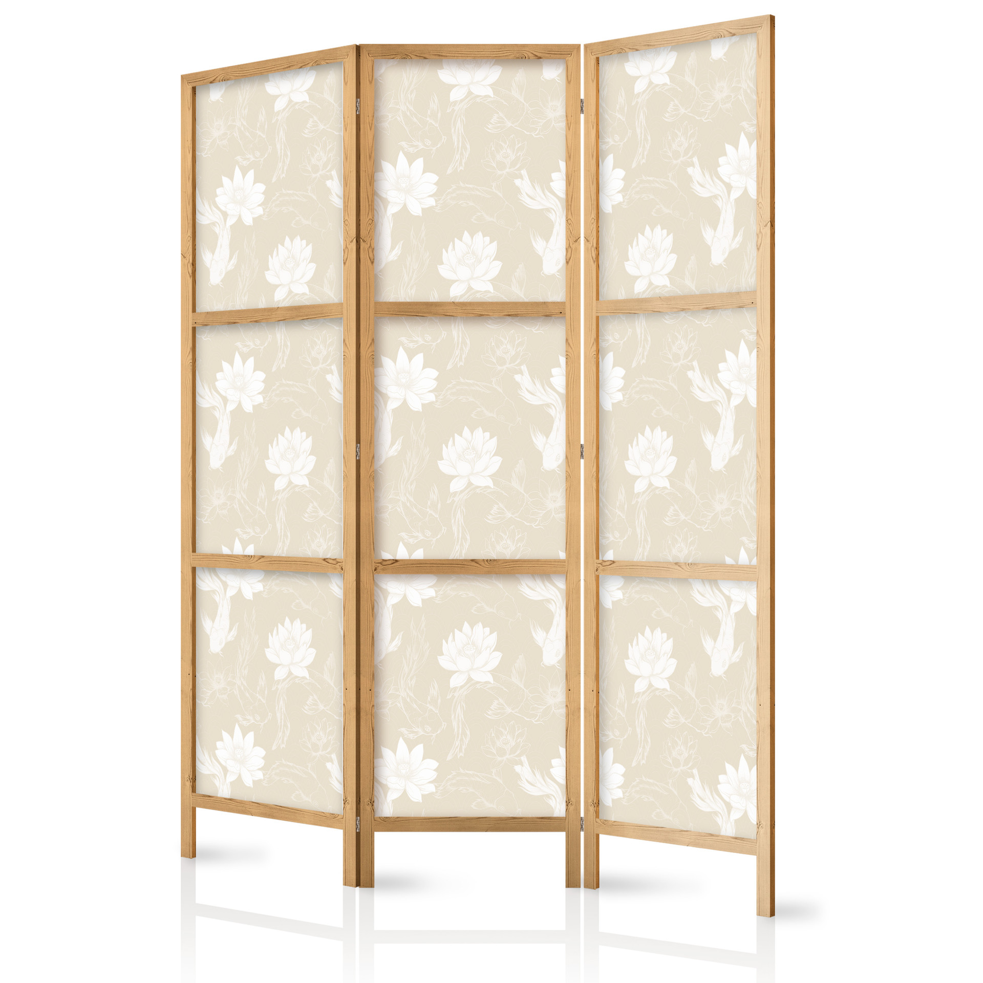 Japanischer Paravent, Raumteiler freistehend, Trennwand - Fish and Water Lilies: Sand-Beige Backgrou