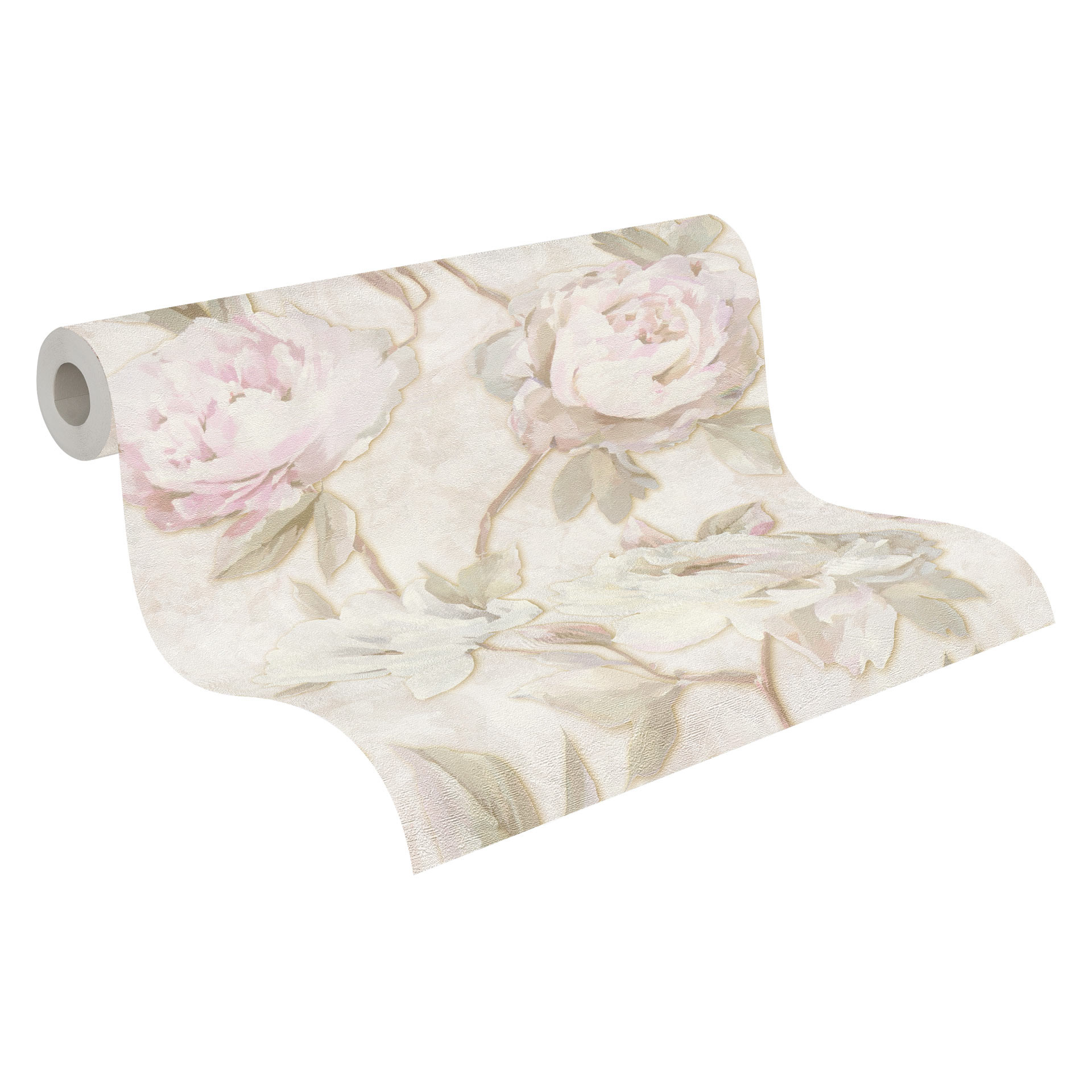 Bloemenbehang pioenrozen roze beige - Vliesbehang in aquarelstijl - vintage