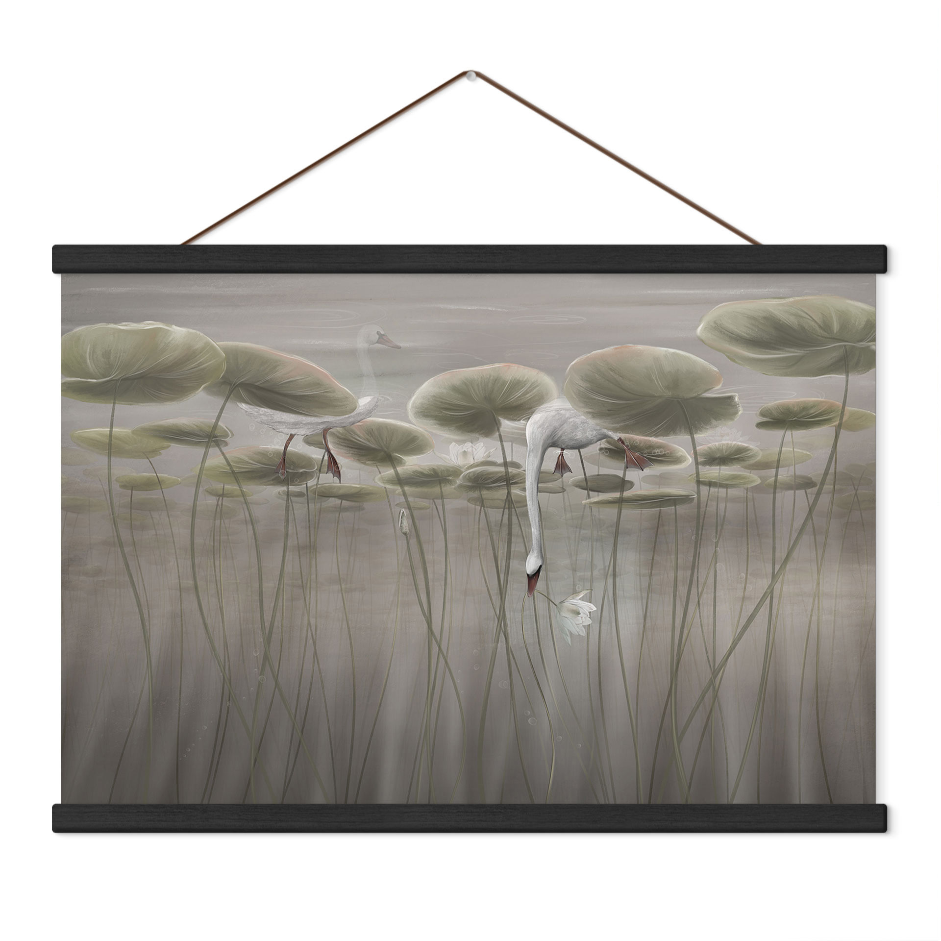 Textielposter Lotusbloemen met zwaan in het water in grijs - Ms Tiff
