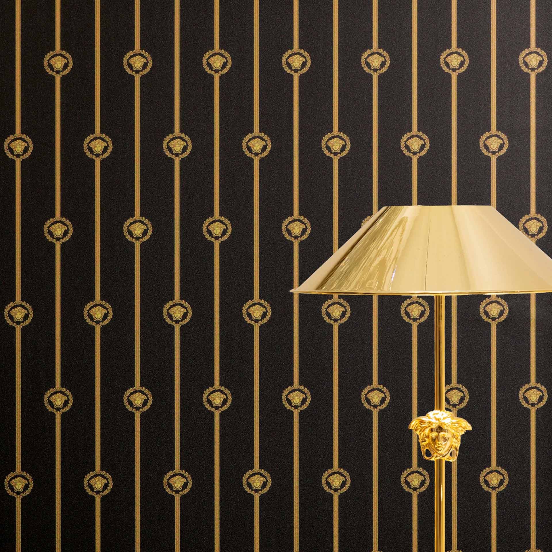 Versace Vliesbehang I Love Baroque strepen Medusa zwart goud luxe