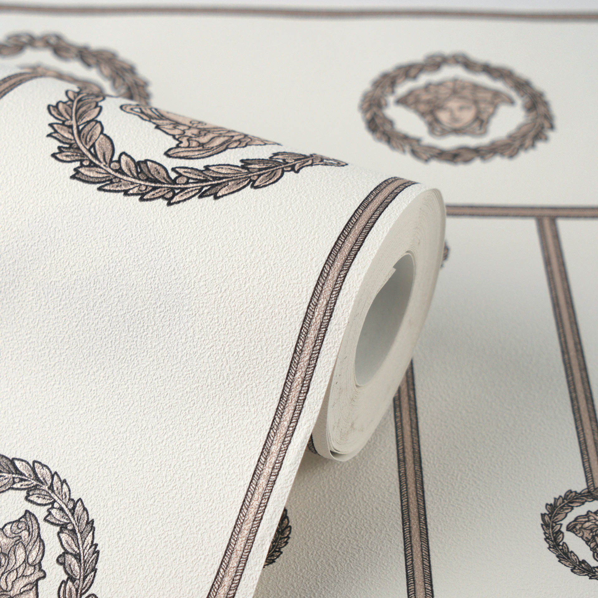 Versace Vliesbehang basisrand medusa hoofd wit beige metallic