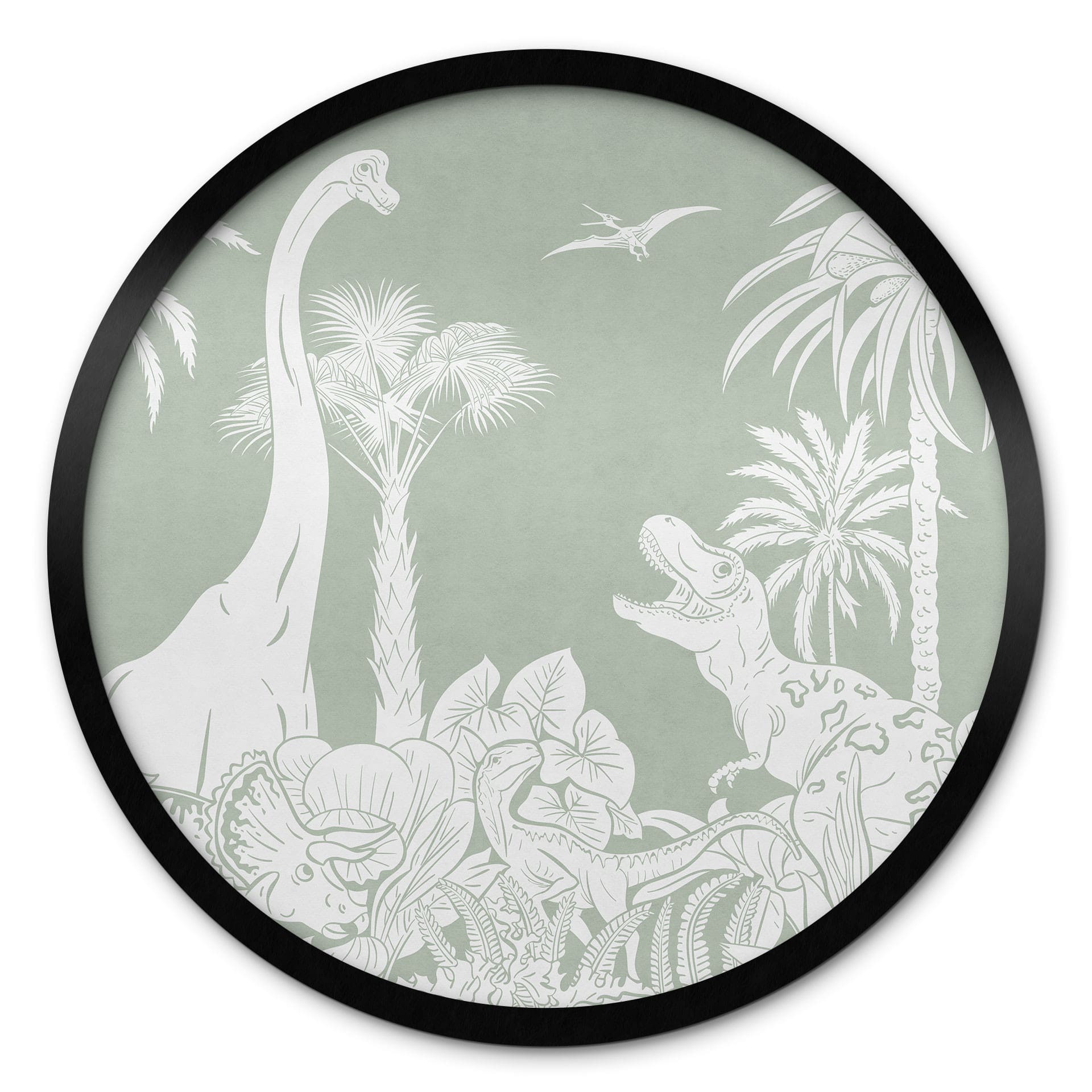Poster Mondes préhistoriques verts - Dinosaures sous les palmiers - Kikki Belle - Rond