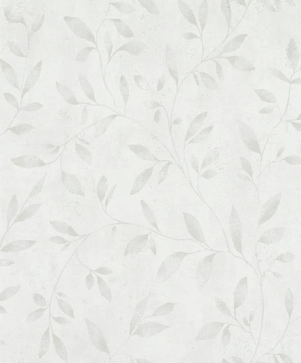 Vliesbehang met bladmotief en metallic effect witte bloemmotieven