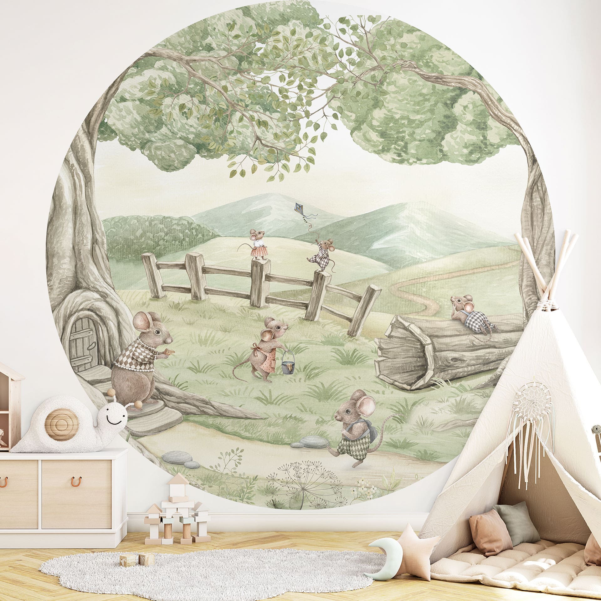 Behangcirkel Muizenfamilie in het bos - Kikki Belle - vliesbehang/zelfklevend vliesbehang