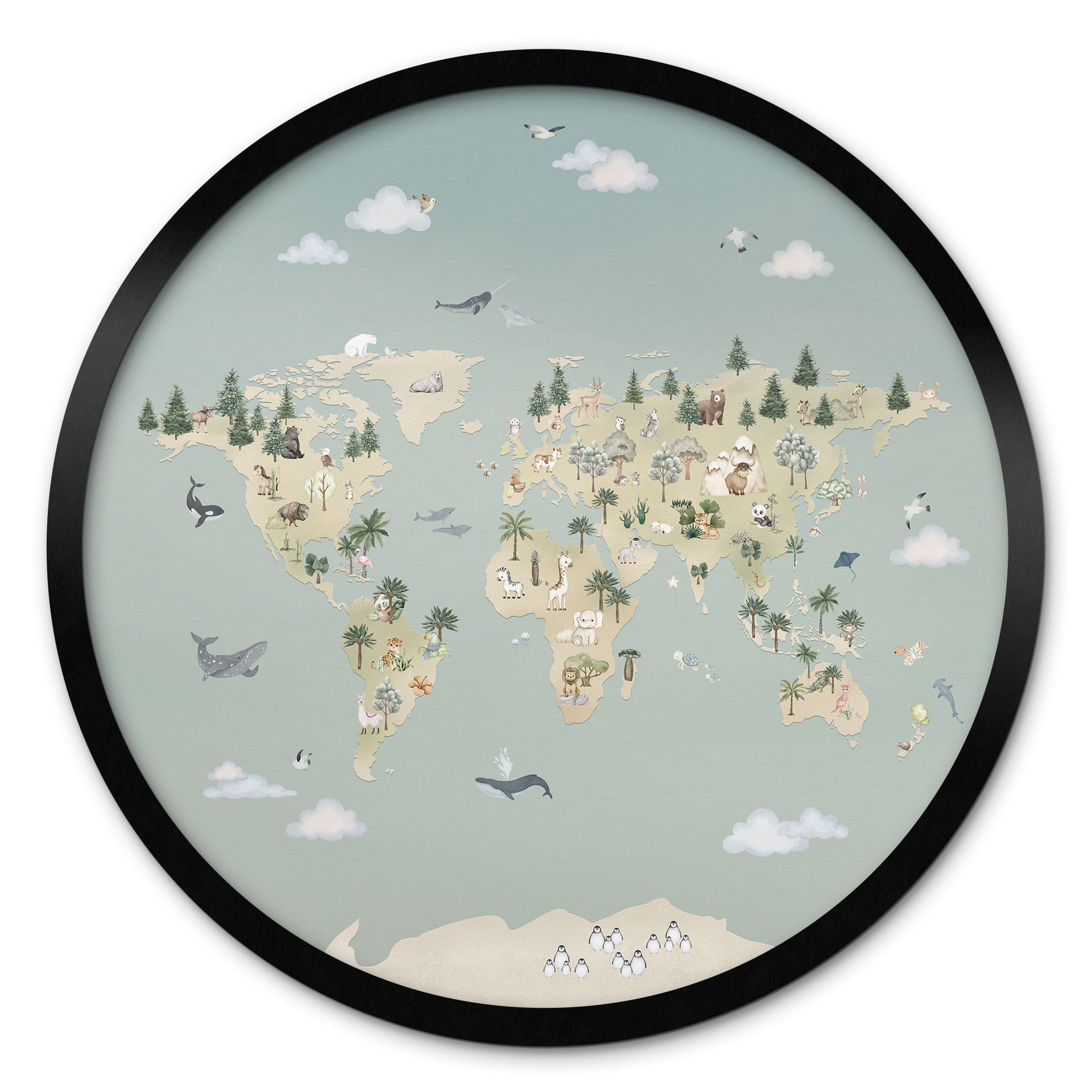 Poster Carte du Monde - Monde des Animaux - Oliver Robins - Rond