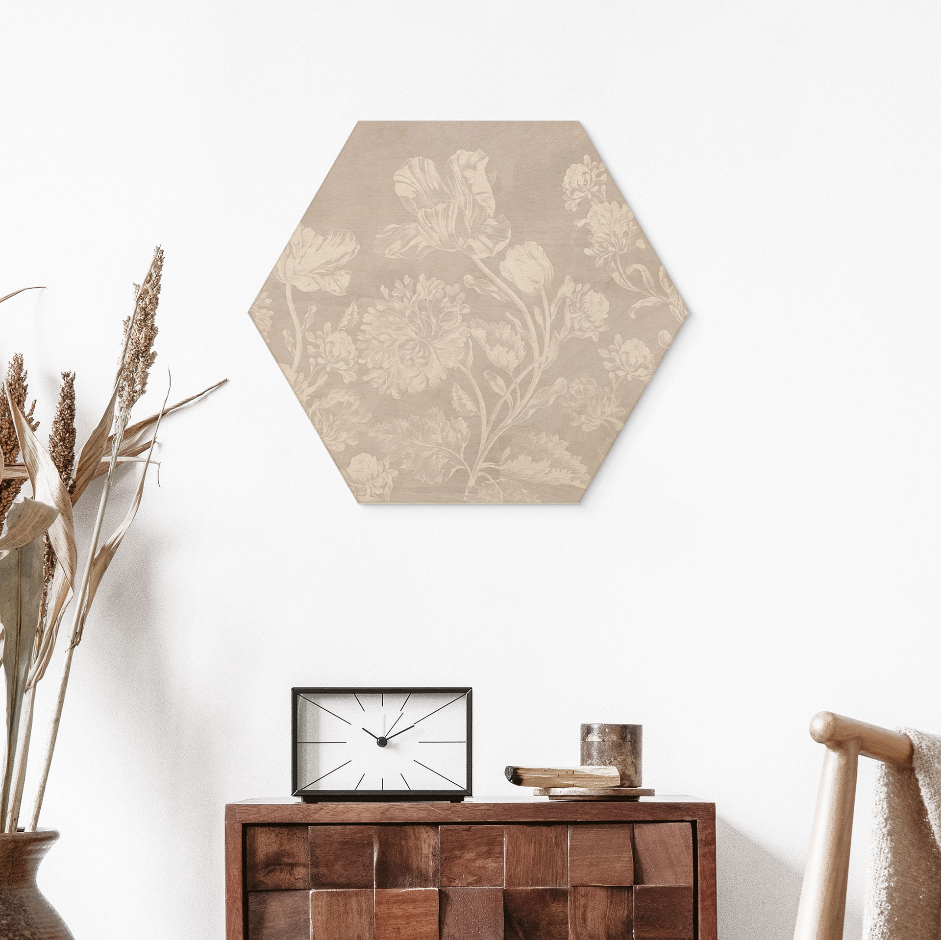 Sekskantet Billede af træ vilde blomster i kridtlook beige - Bloomery Decor