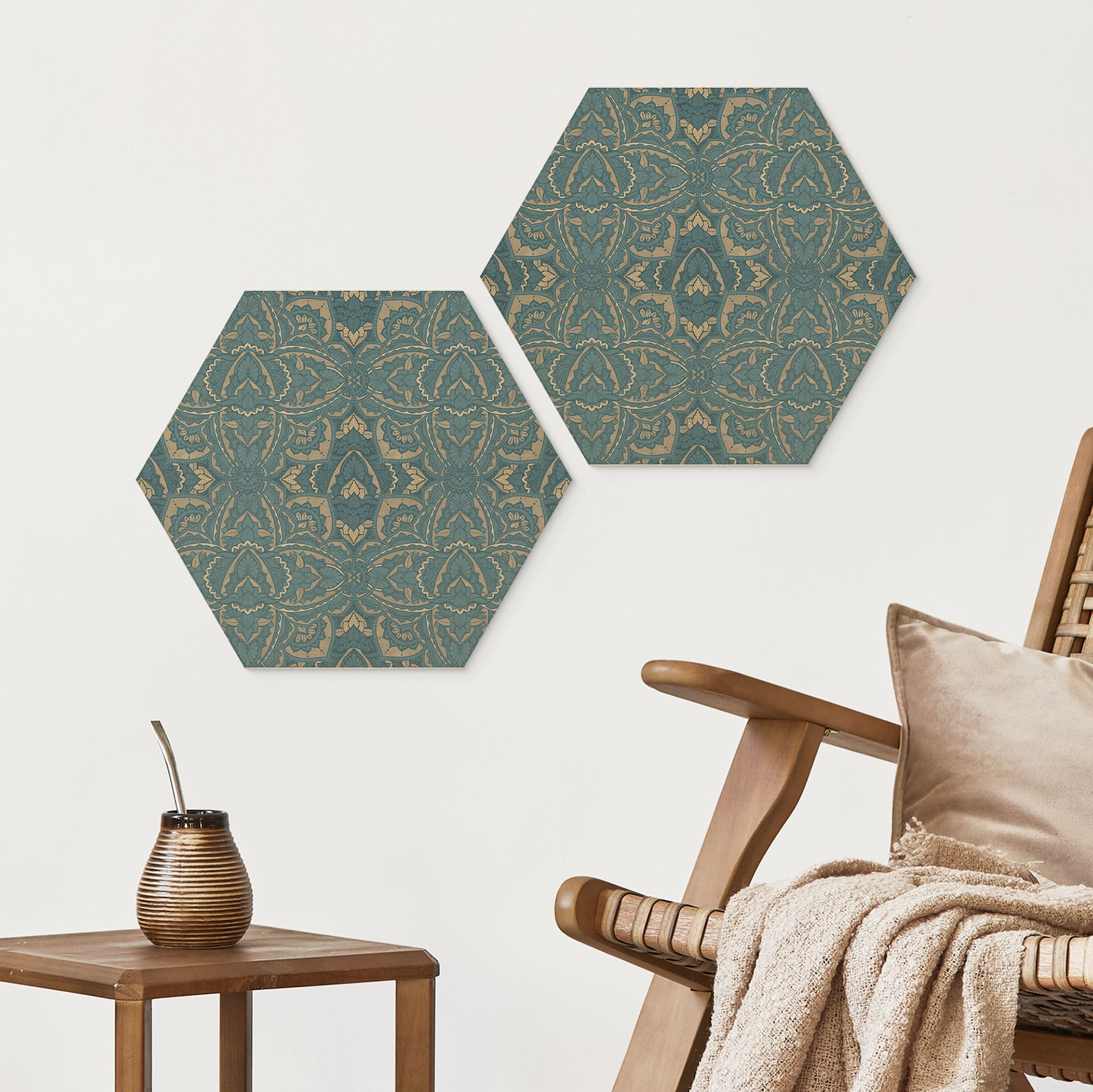 Sekskantet Billede af træ vintage mandala i turkis guld - Bloomery Decor