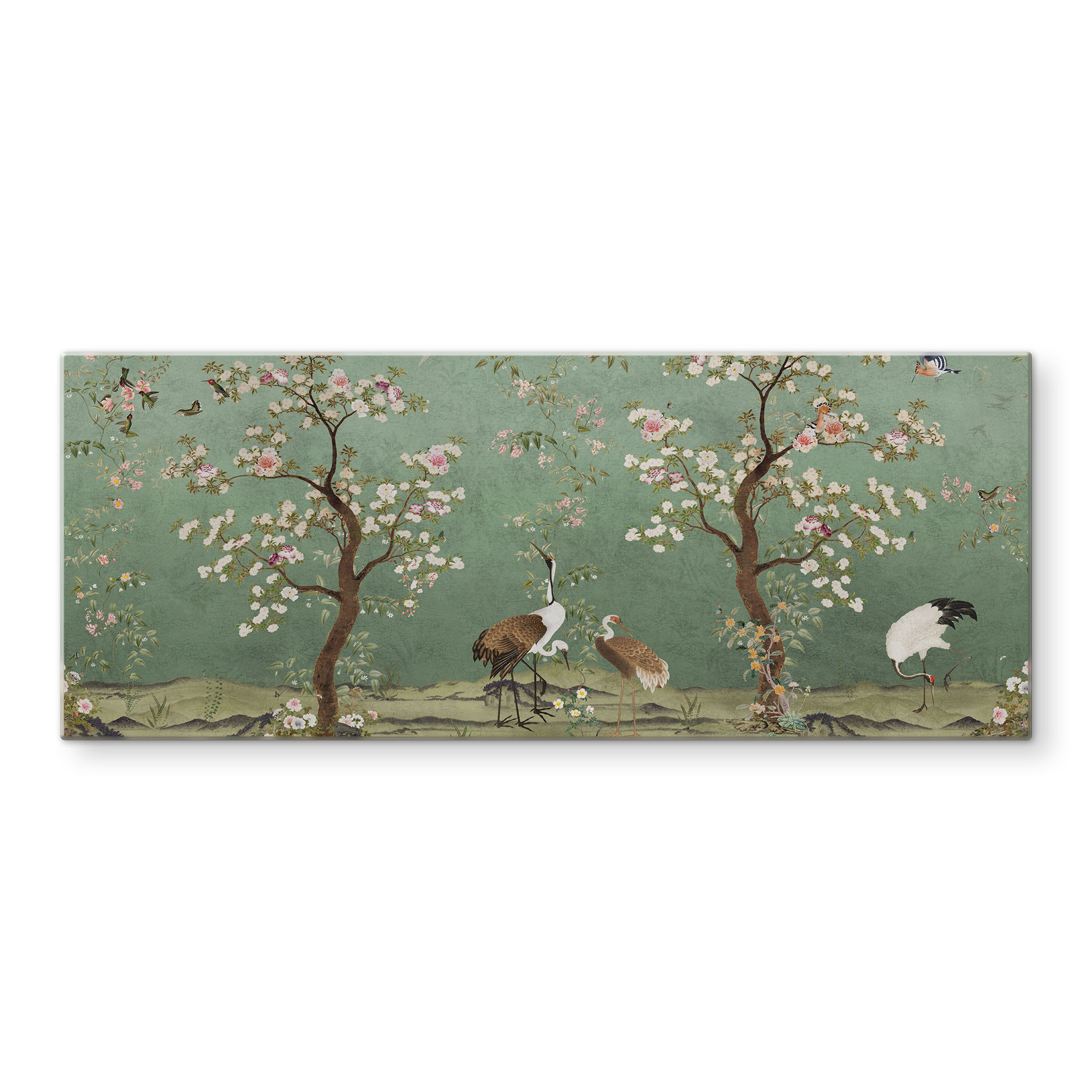 Spritzschutz Kraniche in floraler Landschaft - Bloomery Decor - Panorama