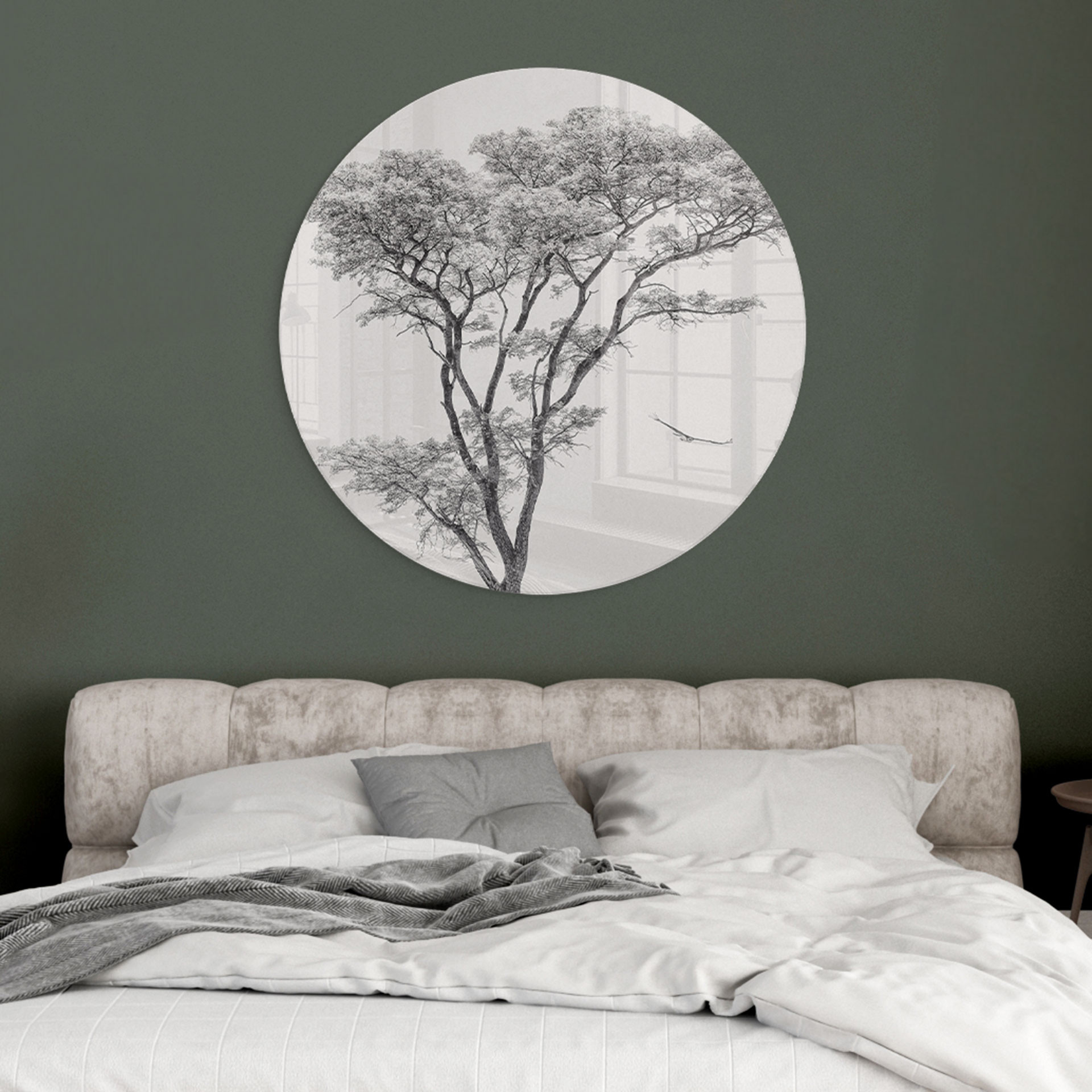 Glasbild Minimalistischer Baum in ruhiger Landschaft - Flour - Rund