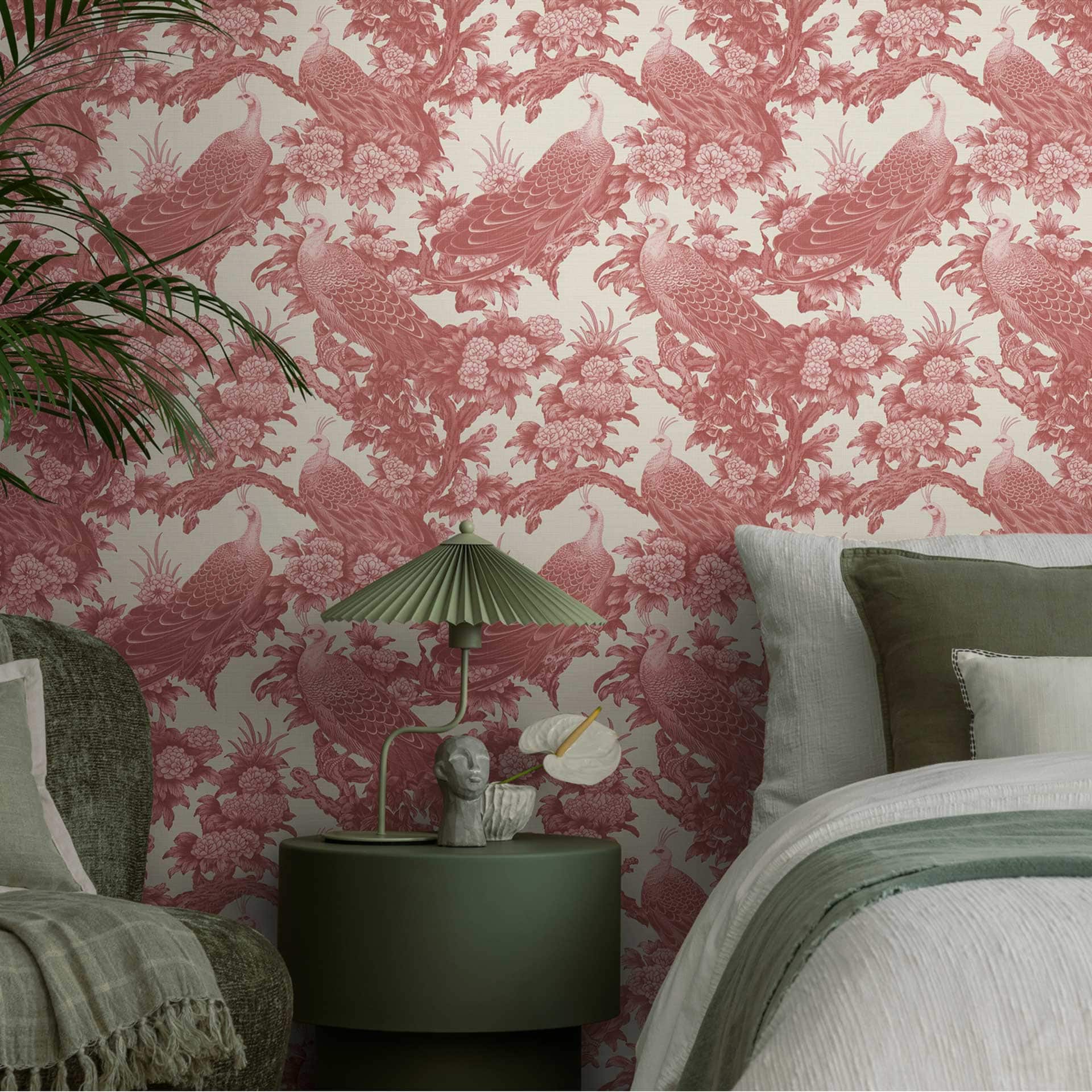 Vogelbehang crème bordeaux - Vliesbehang met pauwen en bloemen in vintagelook