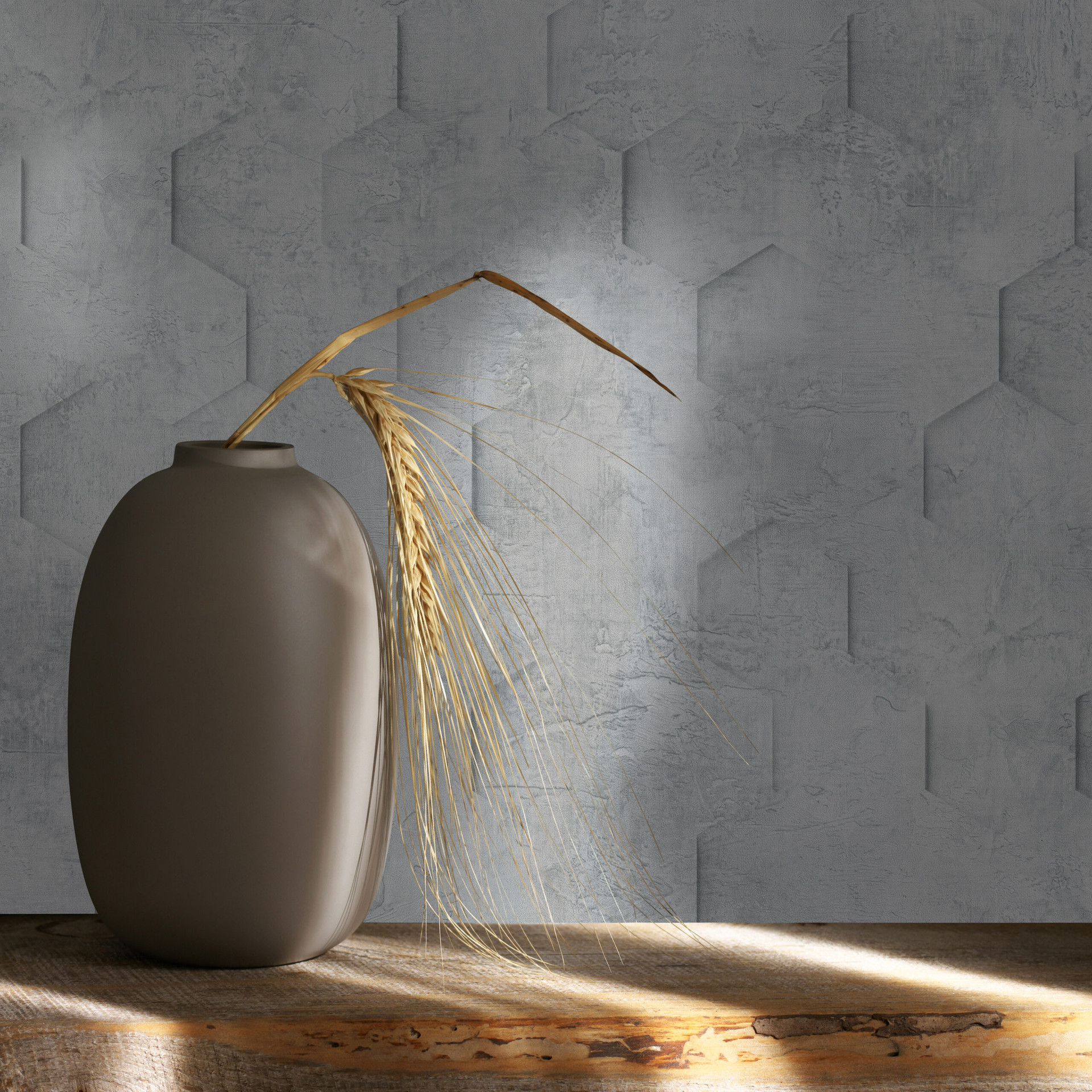 Vliesbehang met 3D honingraat motief grijs grafisch