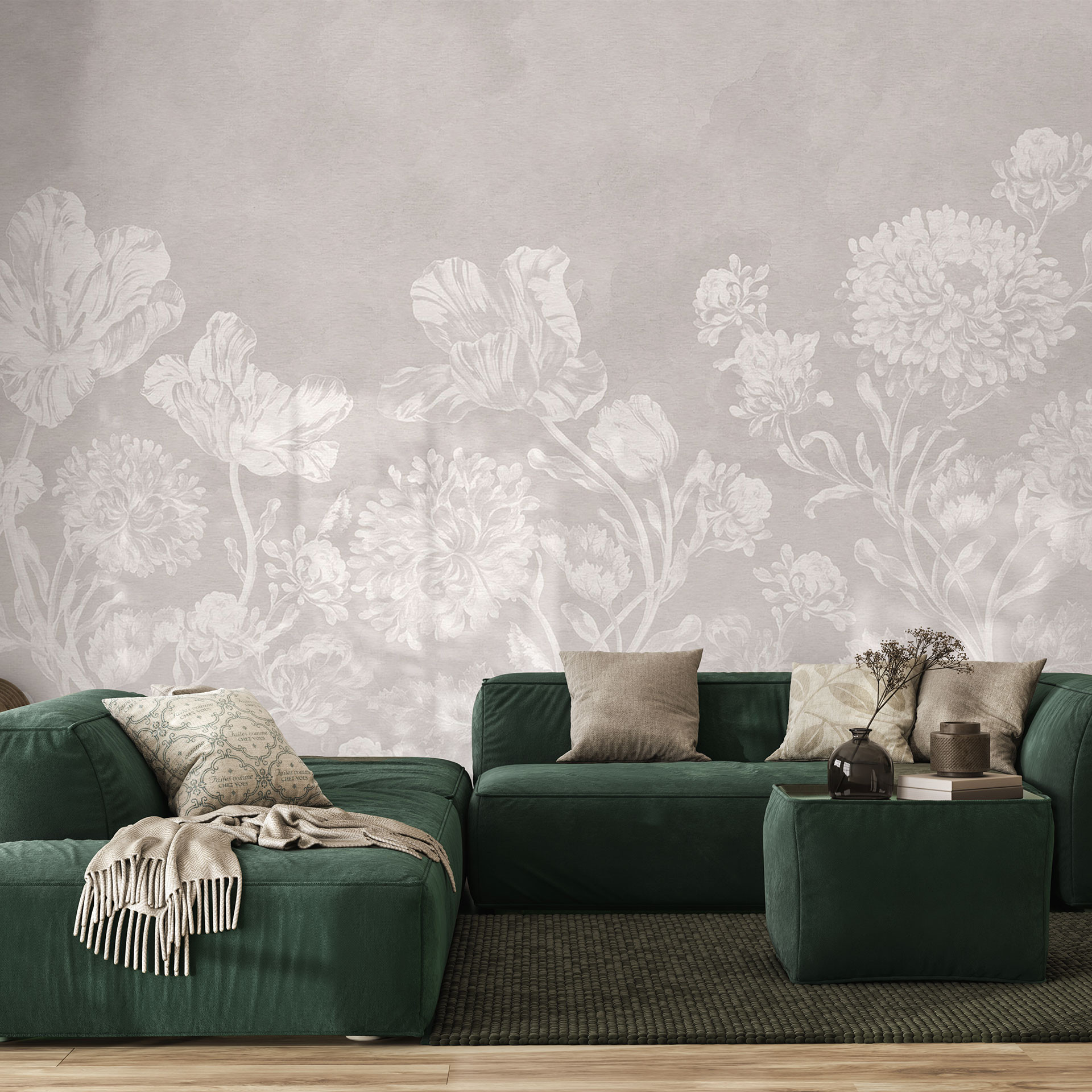 Bloemen Fotobehang wilde bloemen in krijtlook beige - Bloomery Decor