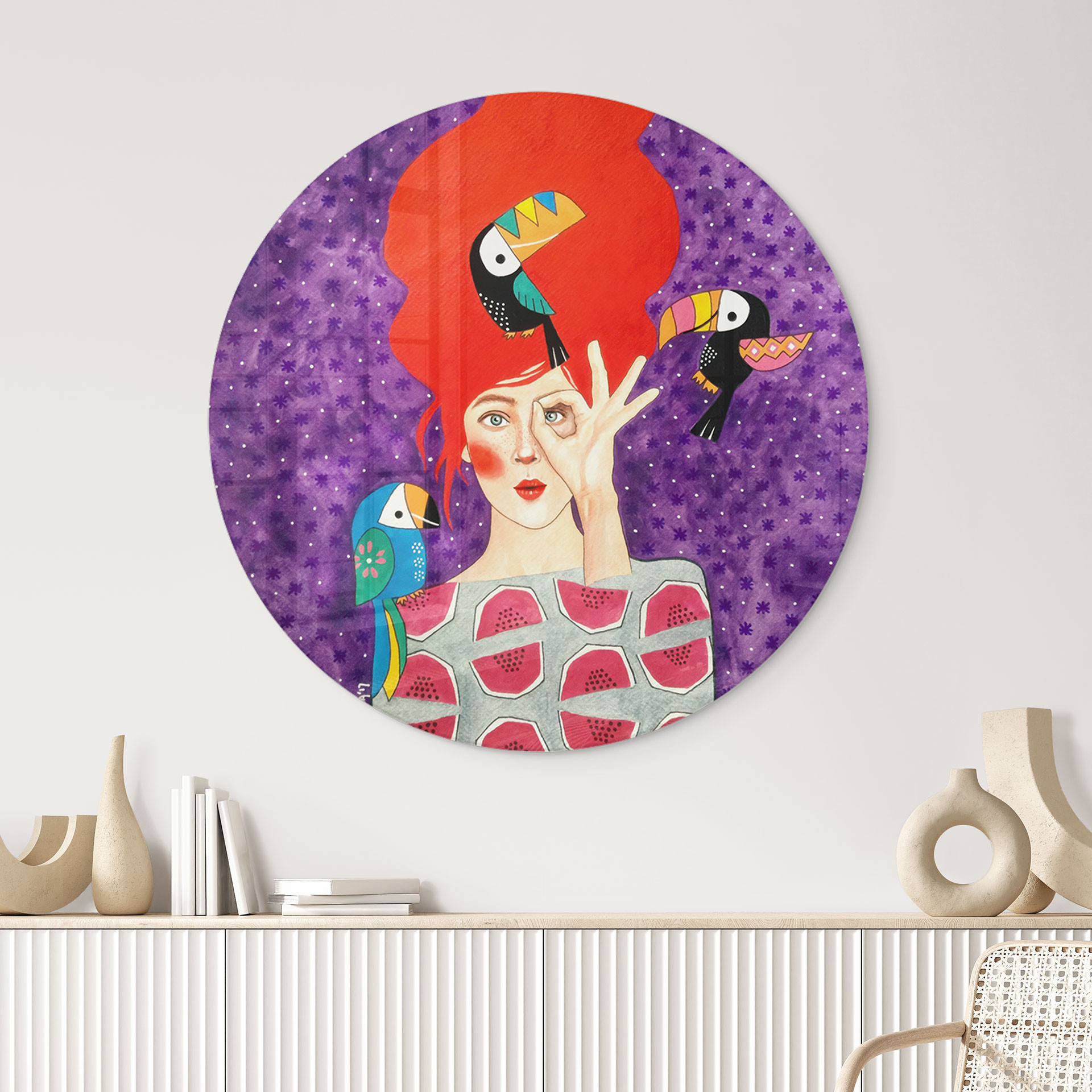 Glasbillede - Kvinde med tukan trio - Hülya - Rund