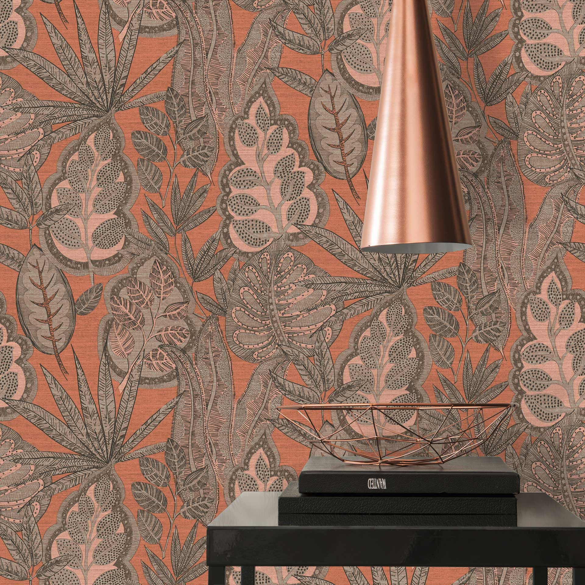 vliesbehang in bloemendessin beige bruin - grafisch behang met bladeren
