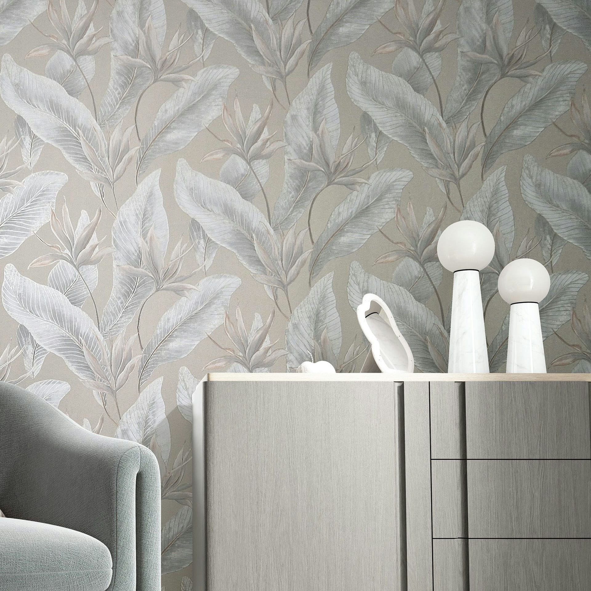 Vliesbehang bloemen, bladeren bloemige natuur in beige