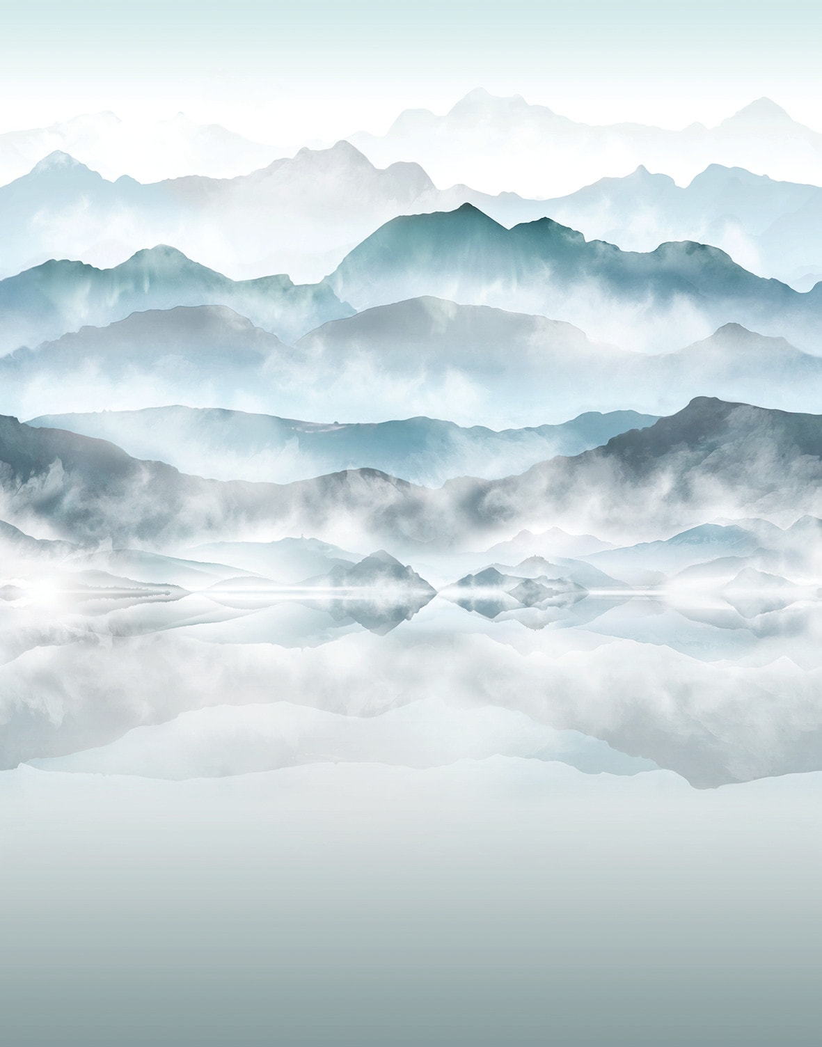 Fotobehang met mist en bergen Blauw, grijs,Afbeelding 2,70 x 2,12 m