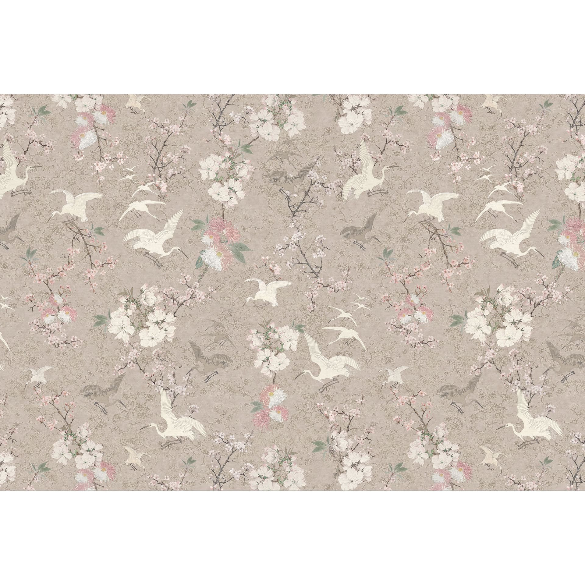 Vogel Fotobehang Japandi | Kraanvogels in Kersenbloesem Rush Beige - Bloeiendecoratie