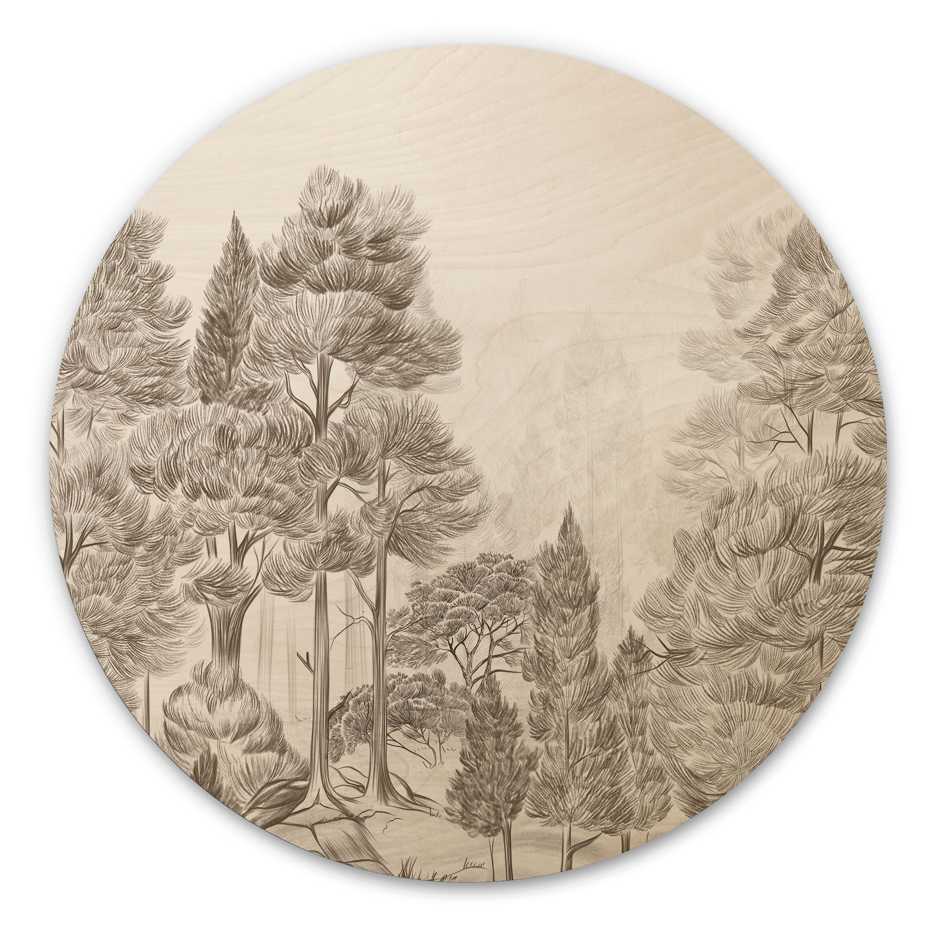 Houten Wanddecoratie bos met boslandschap in beige - Ms Tiff - Rond