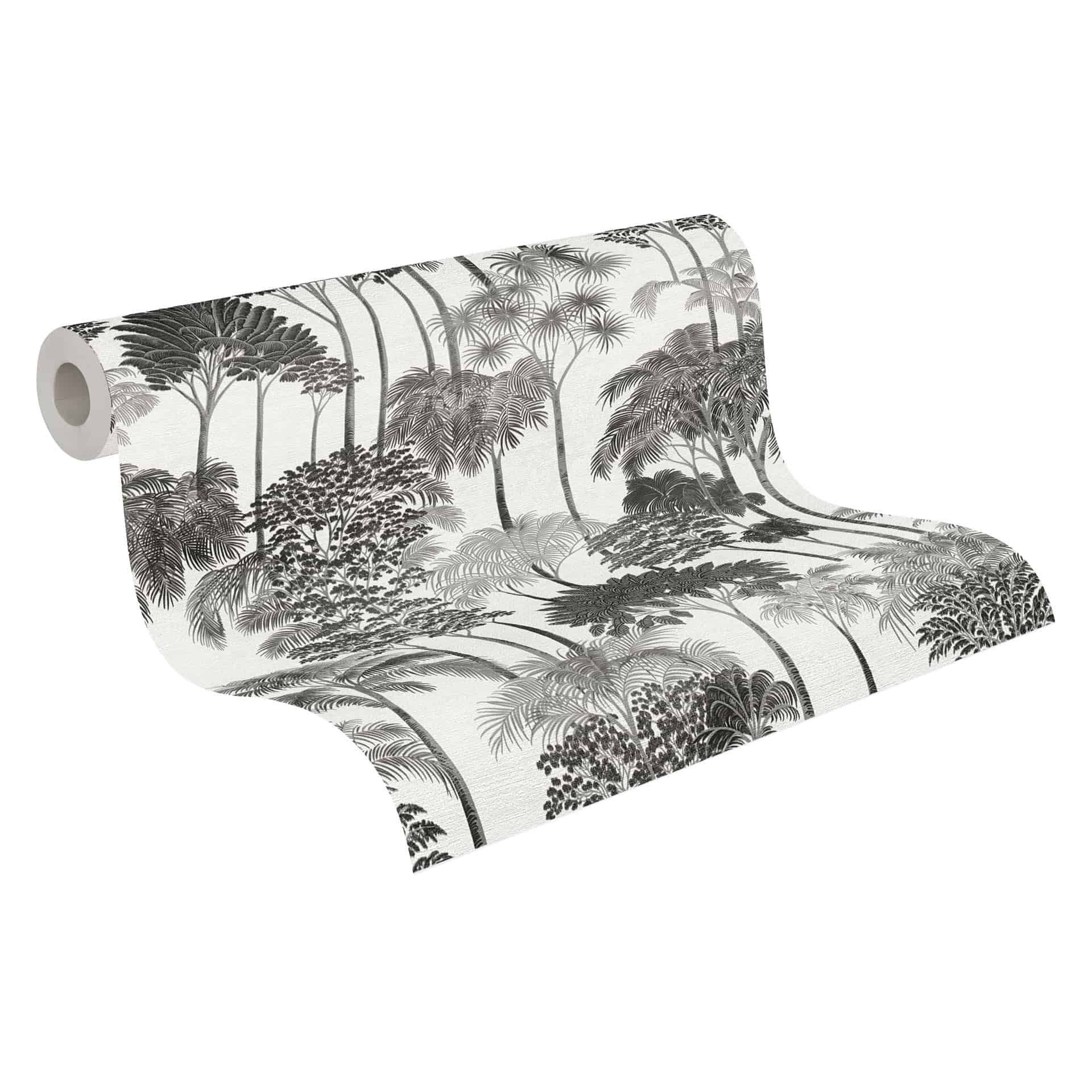Vliesbehang bos bomen palmbomen grijs zwart wit metallic behang behang natuur