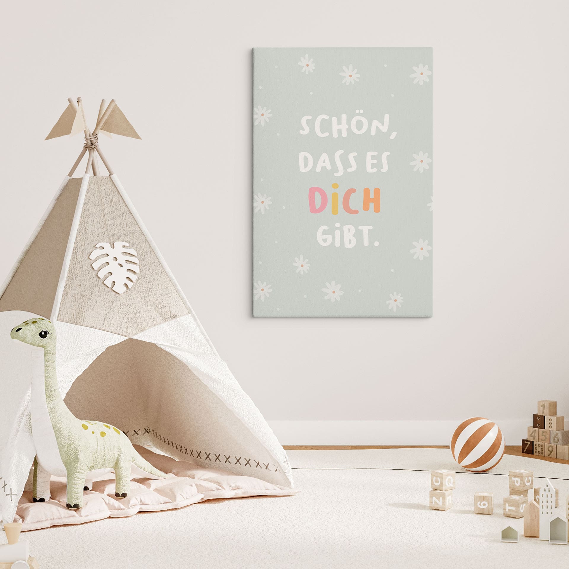 Leinwandbild - Affirmation 'Schön, dass es dich gibt' vor Gänseblümchen-Hintergrund