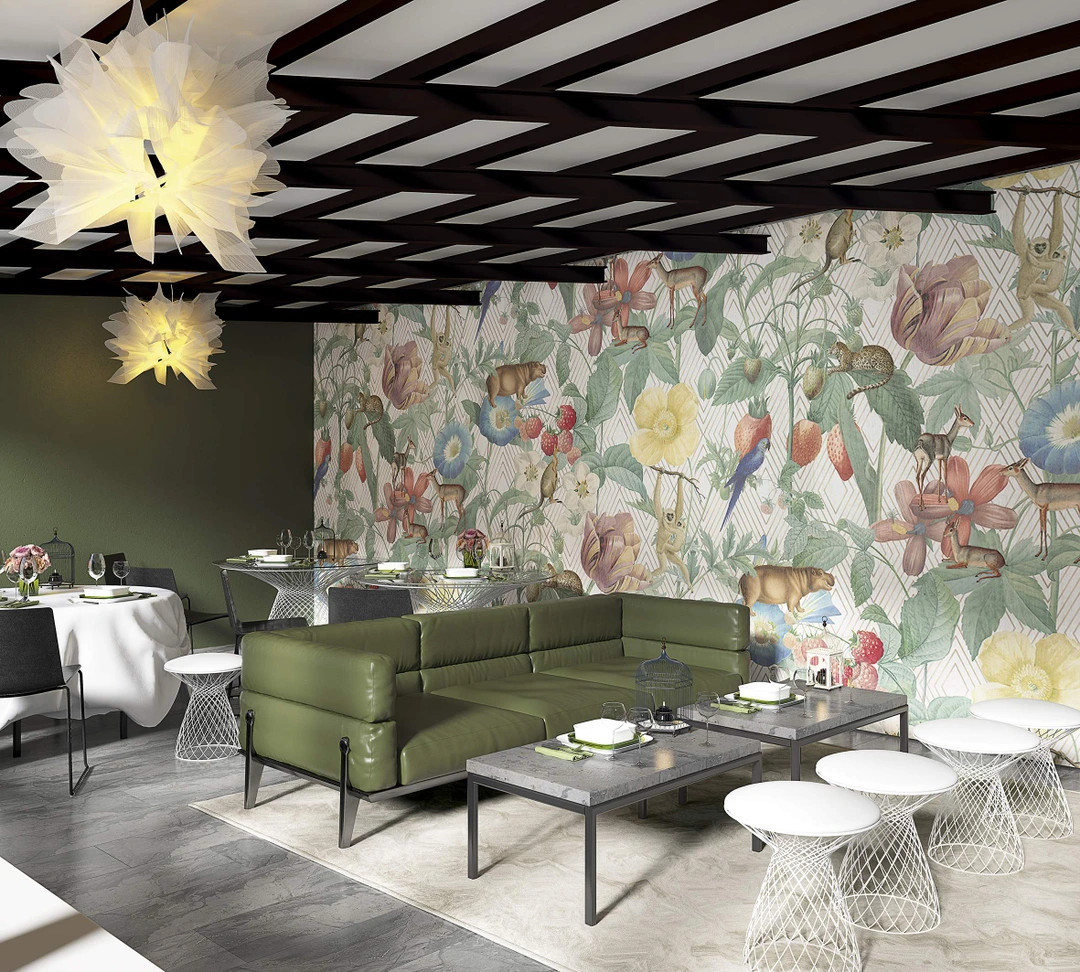 Fotobehang met planten en dieren, beige met illustratie 2.70 x 2.12 m