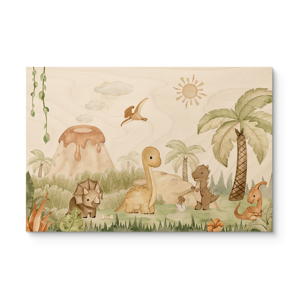Plakat drewniany Małe dinozaury w wielkiej podróży odkrywczej - Oliver Robins