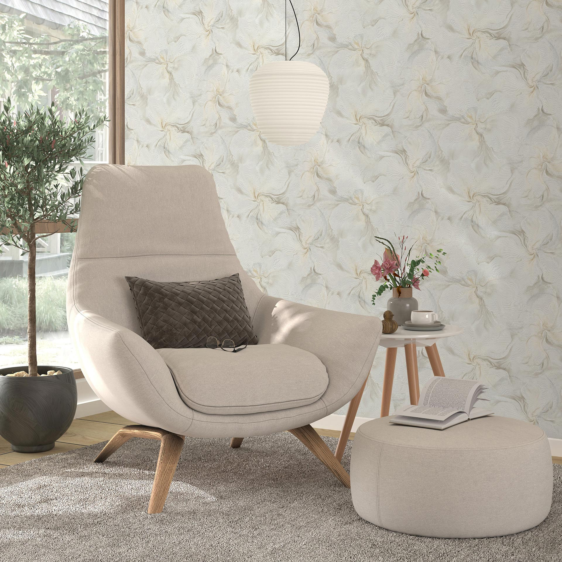 Vliesbehang, behang met bloemmotief Aurora crème