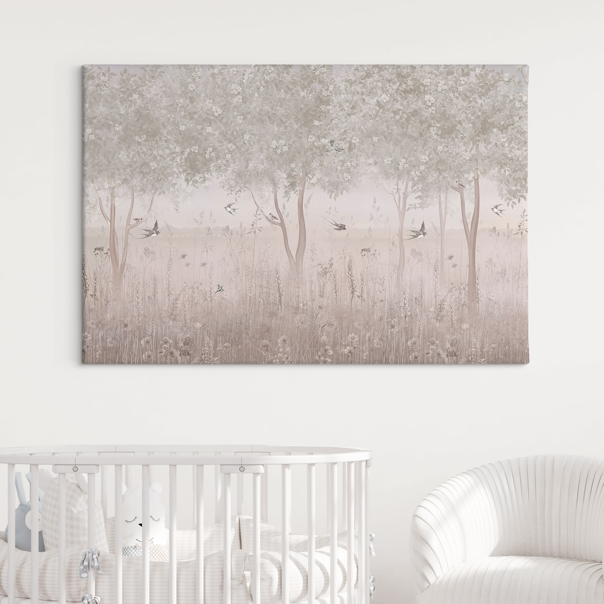 Canvas schilderij voor kinderkamer Zomerzwaluwen in een bos bloemen - Ms Tiff