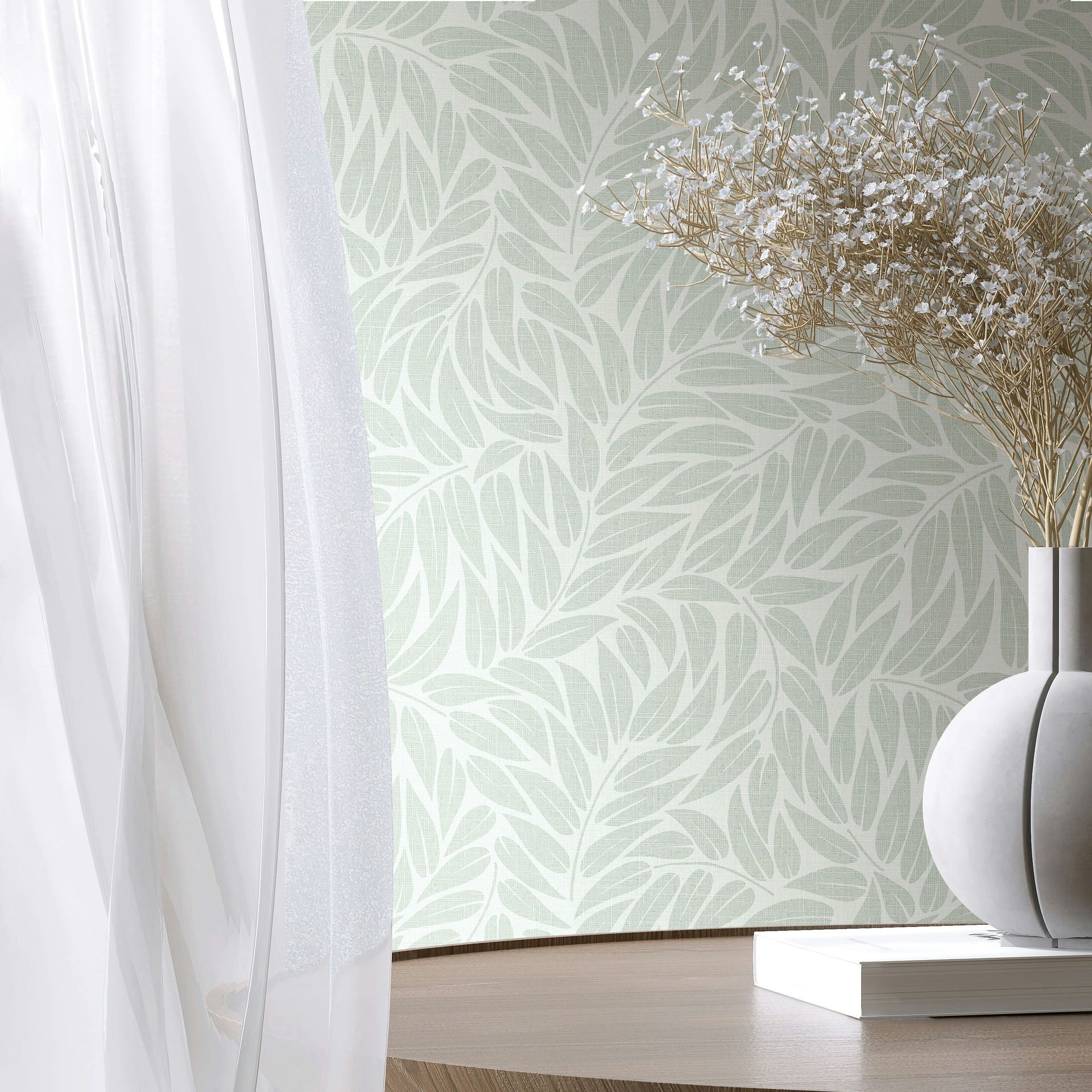 Vliesbehang bladeren bloem natuur mat in groen
