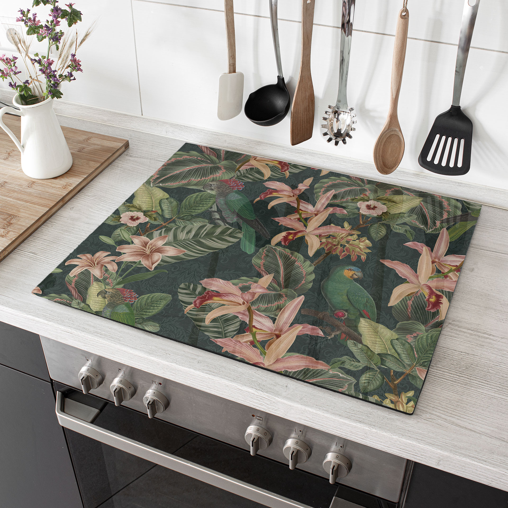Herdabdeckplatte Dschungel mit Papageien Nachtgrün - Bloomery Decor