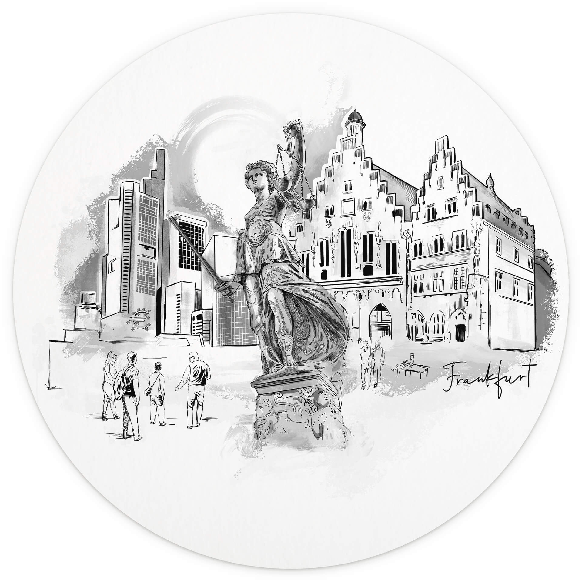 Behangcirkel  Love your City - Frankfurt zwart wit illustratie - vliesbehang/zelfklevend vliesbehang