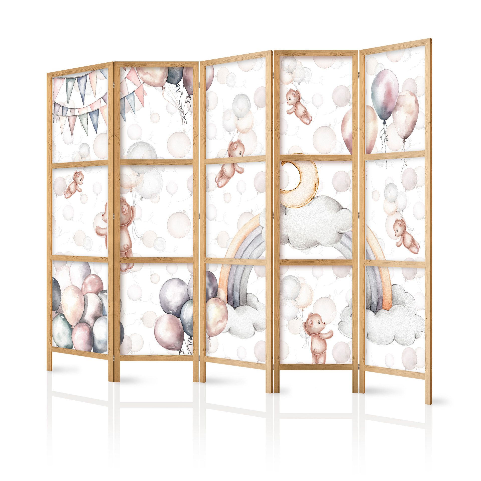 Japanischer Paravent, Raumteiler freistehend, Trennwand - Plush Bears with Balloons - Pastel Colors