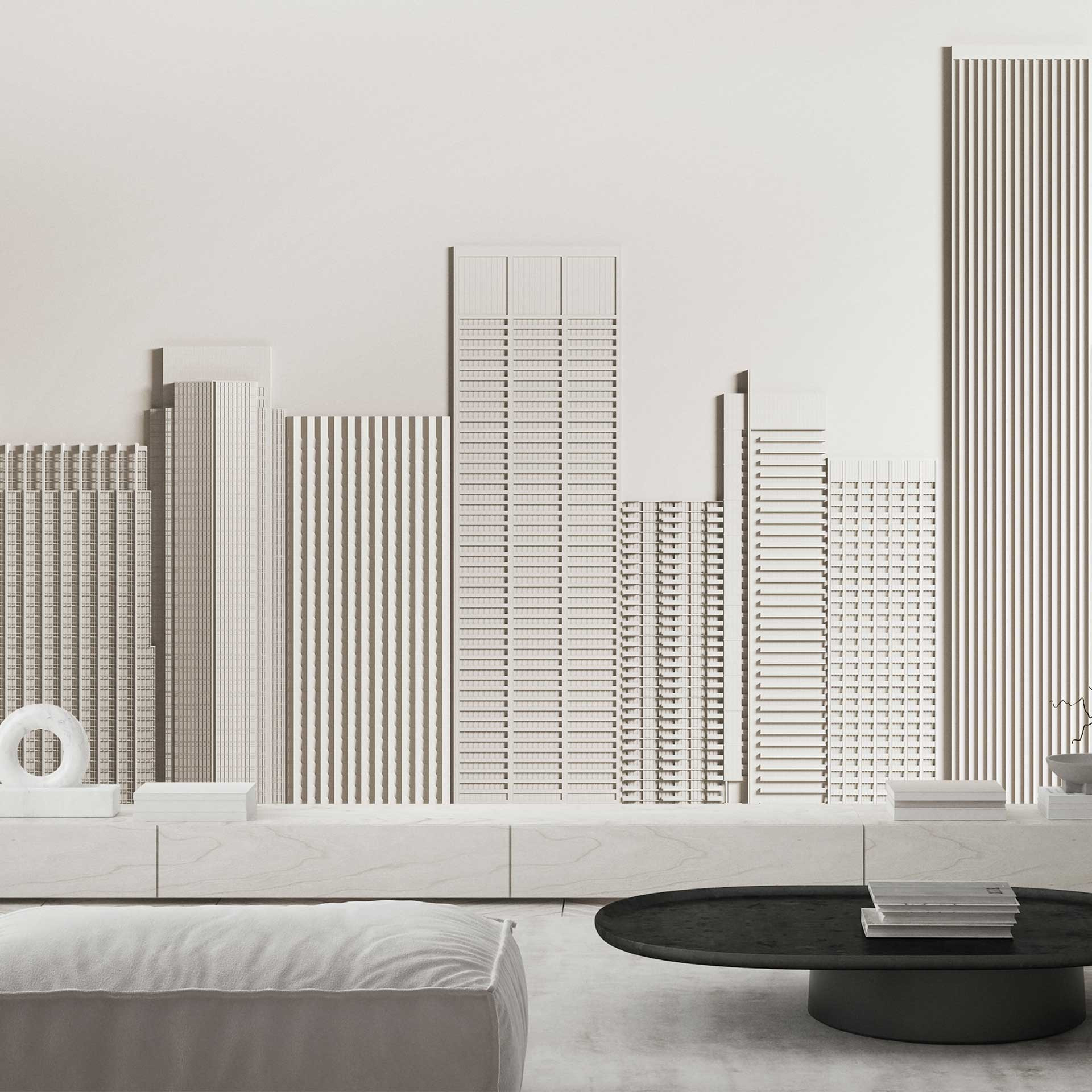 Modern Cityscape 3D vliesbehang - monochroom skyline behang met structuureffect