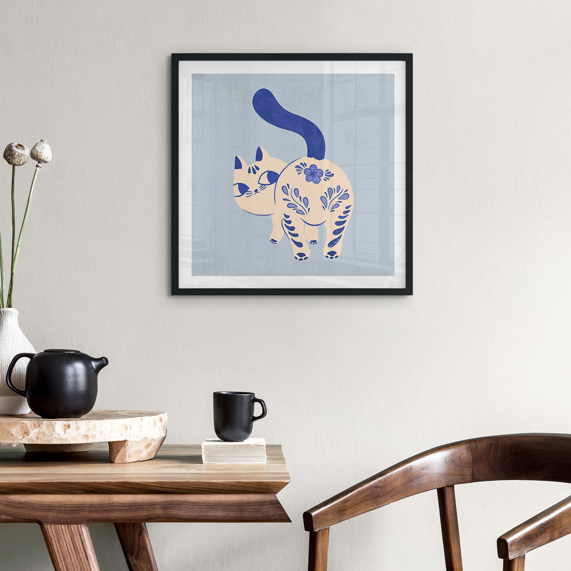 Plakat Porcelanowy Kot w Kolorze Delft - Cantwell - Kwadratowy