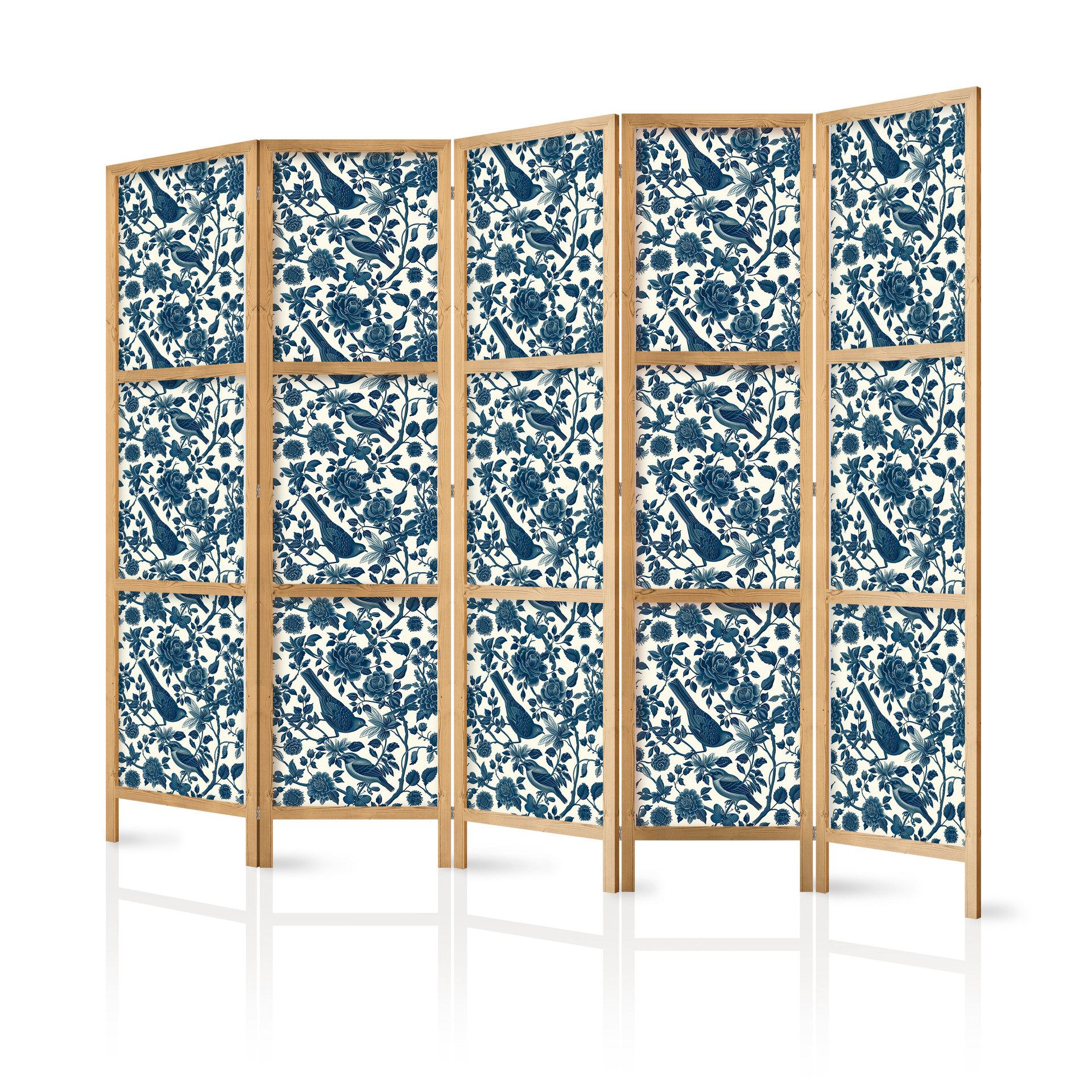 Japanischer Paravent, Raumteiler freistehend, Trennwand - Rose Vines with Blue Birds