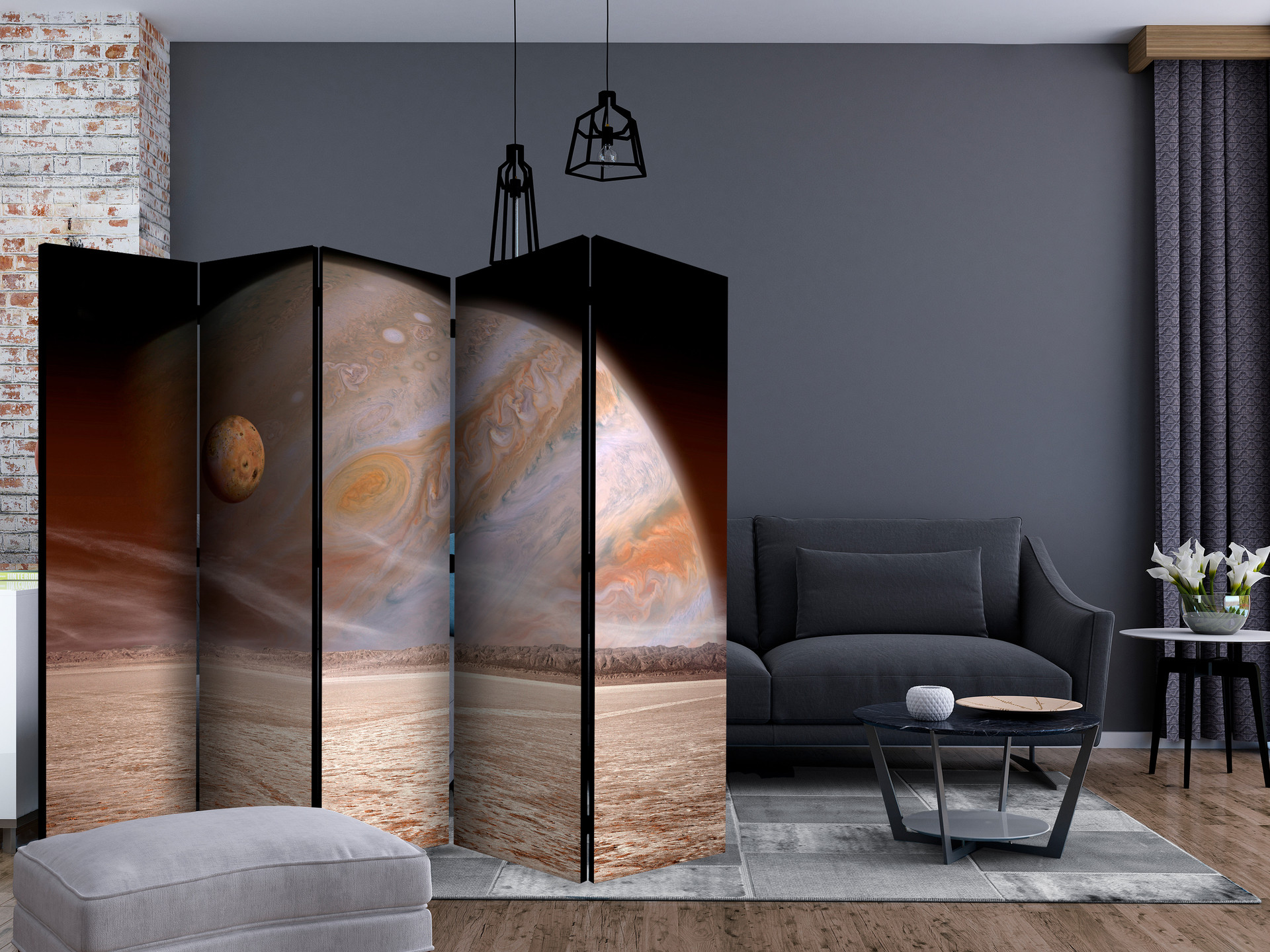 Paravent, Raumteiler freistehend, Trennwand - A small and a big planet II, 5-teilig - einseitig bedr