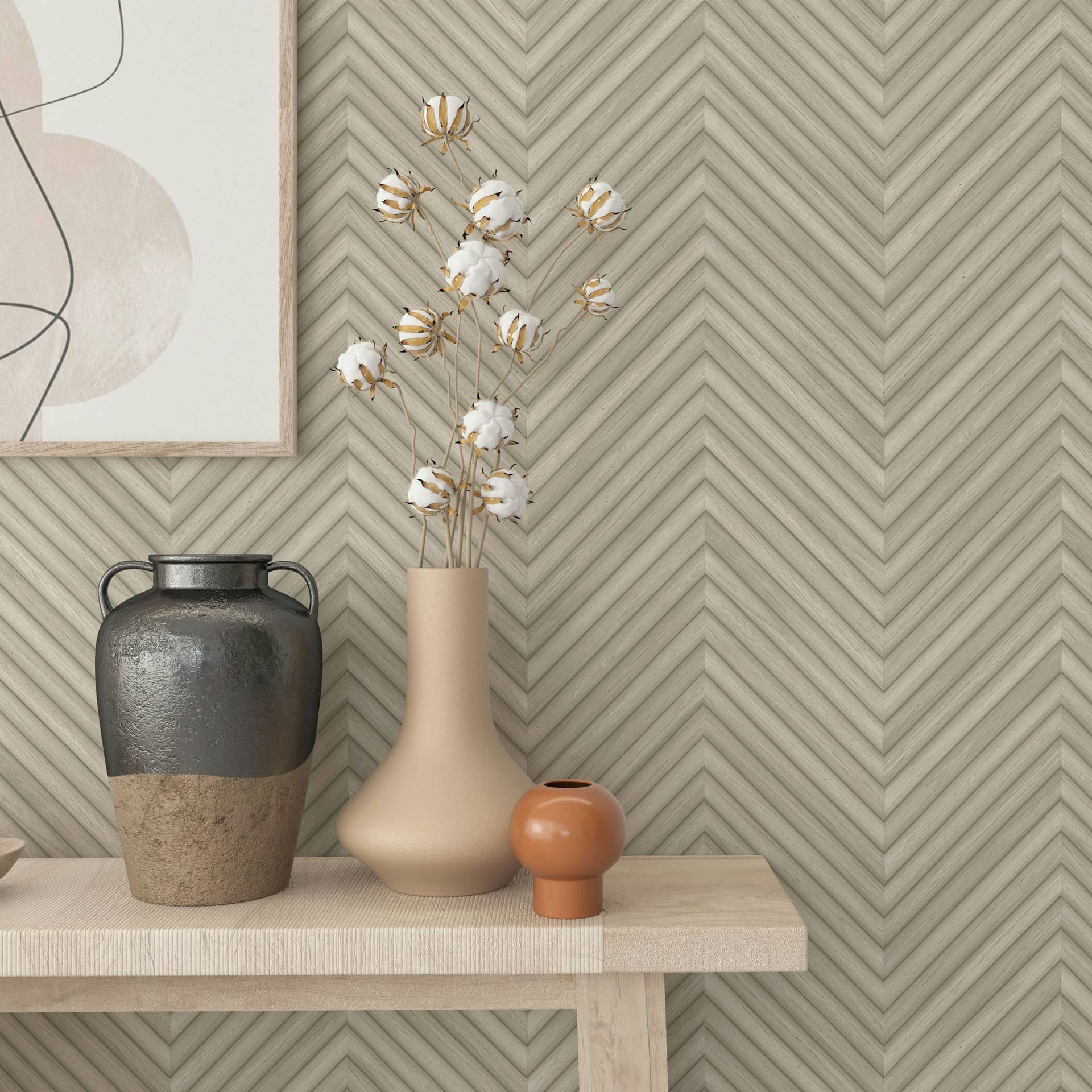 Vliesbehang met visgraatmotief en houtlook beige houtlook