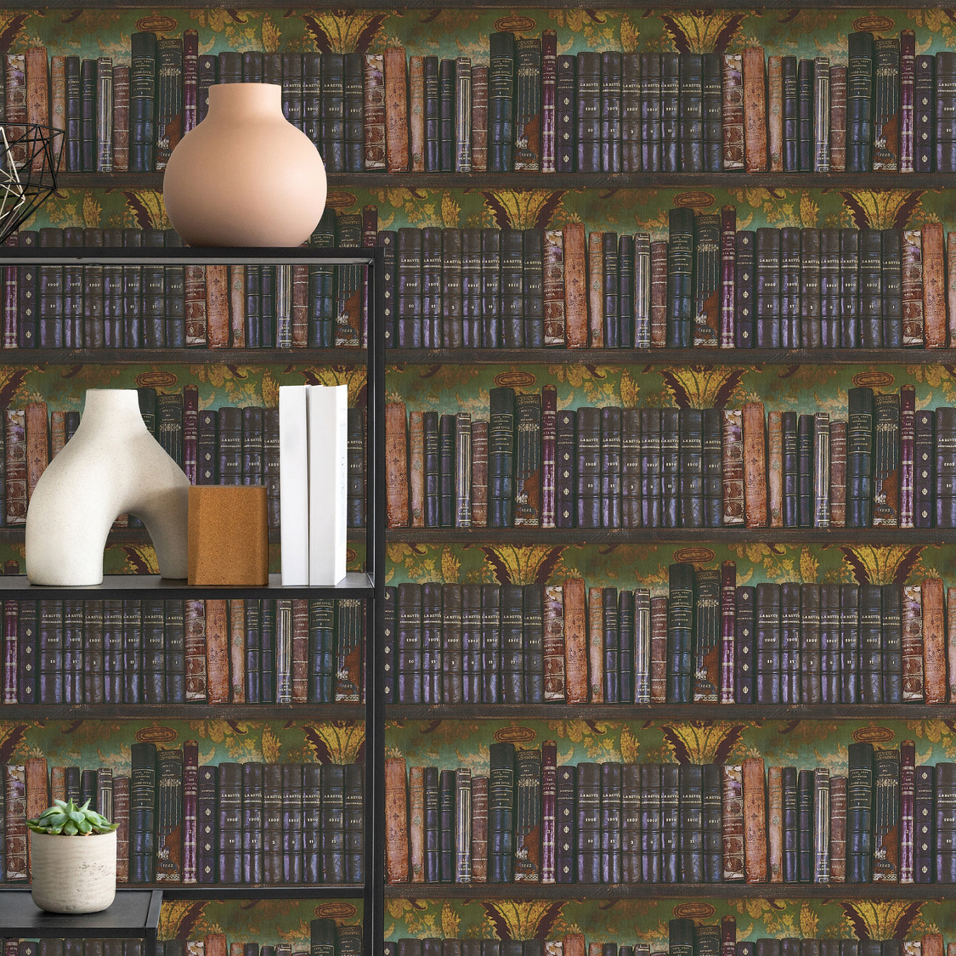 Vliesbehang boekenplank vintage met antieke boeken en decoratieve achtergrond