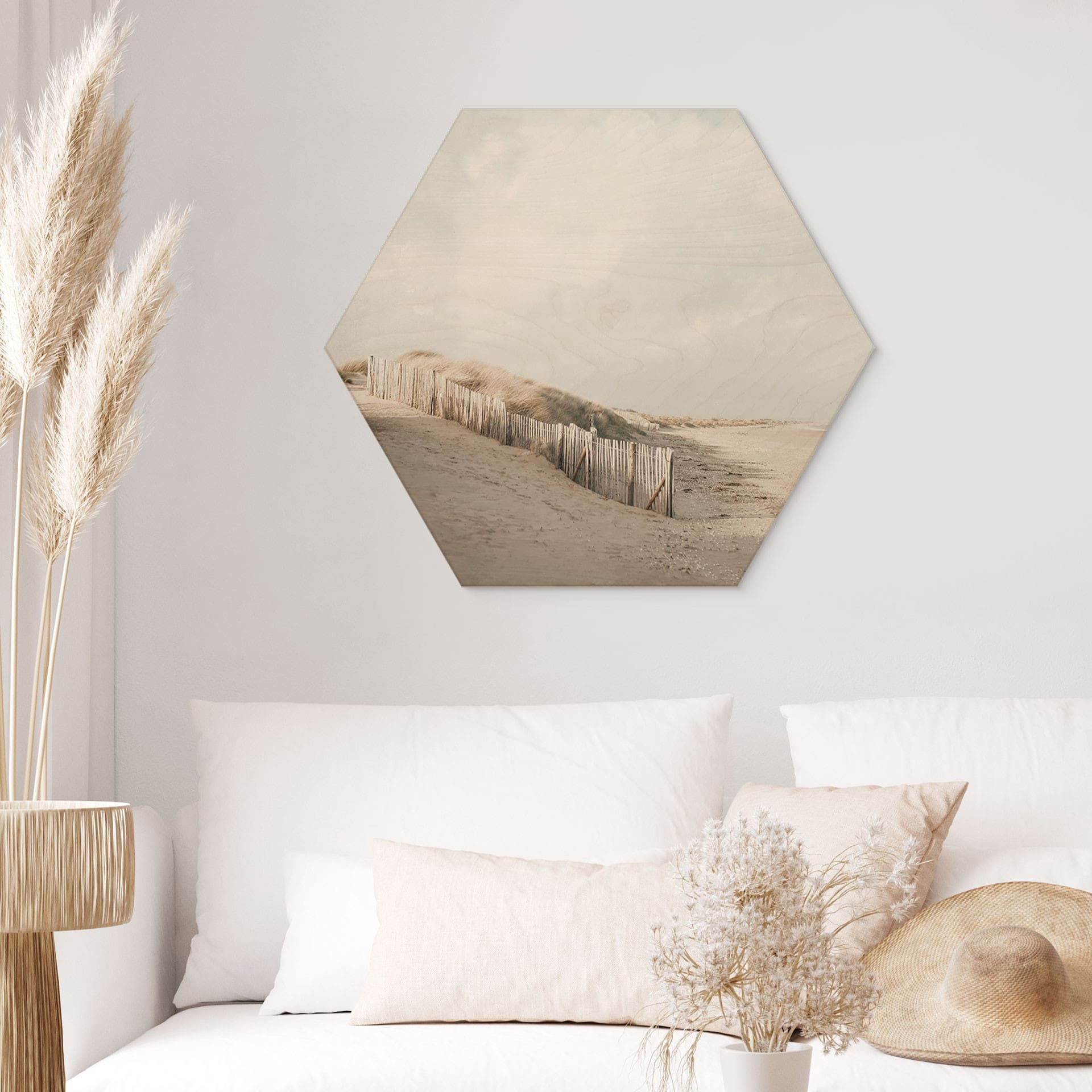 Stampa su legno esagonale di un paesaggio di dune sul Mare del Nord - Annie