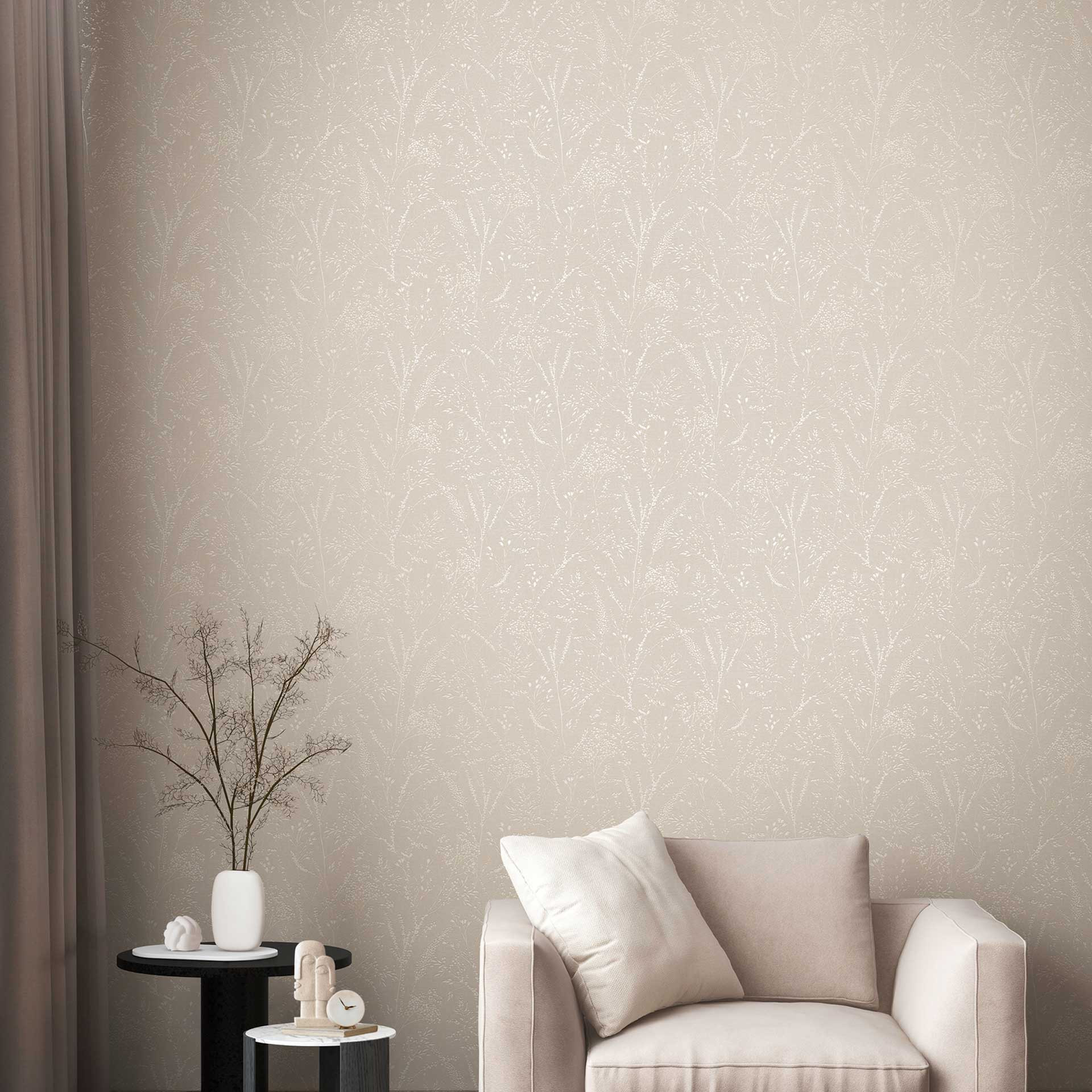 Beige bloemenvliesbehang met reliëf - structuurbehang met bloesemmotief