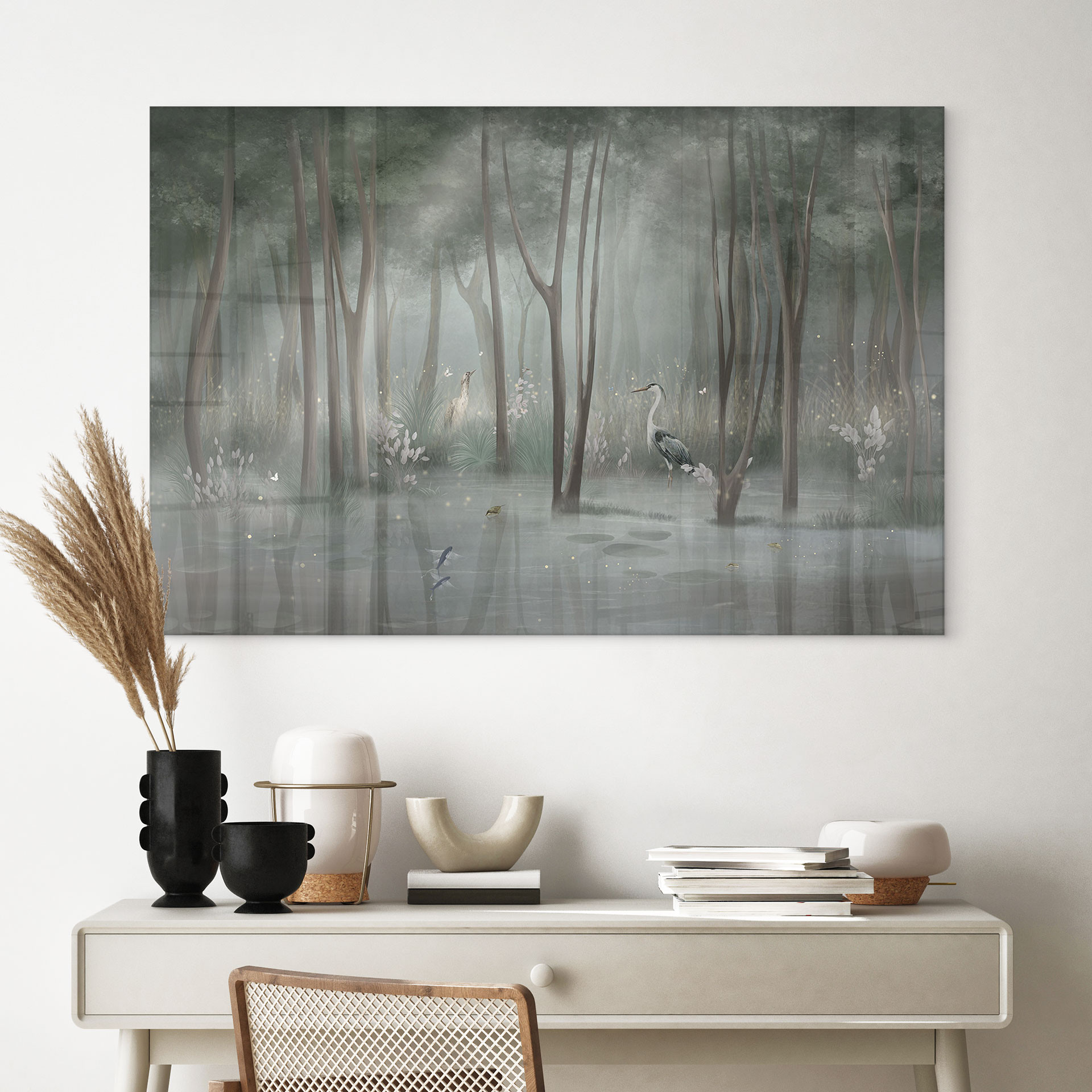Acrylglasbild Nebelwald am See mit Reiher in Grün - Ms Tiff