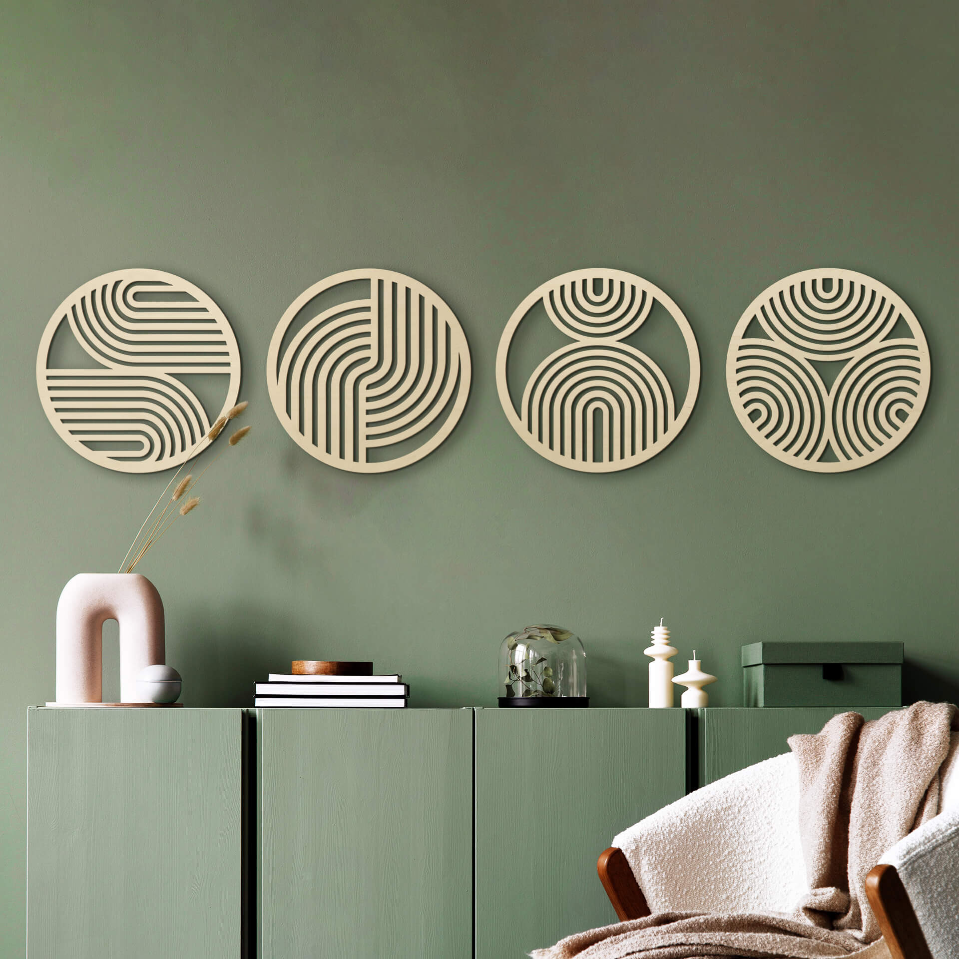 Drewniana dekoracja Boho rainbow - okrągła geometryczna sztuka (zestaw 4 sztuk) - topola